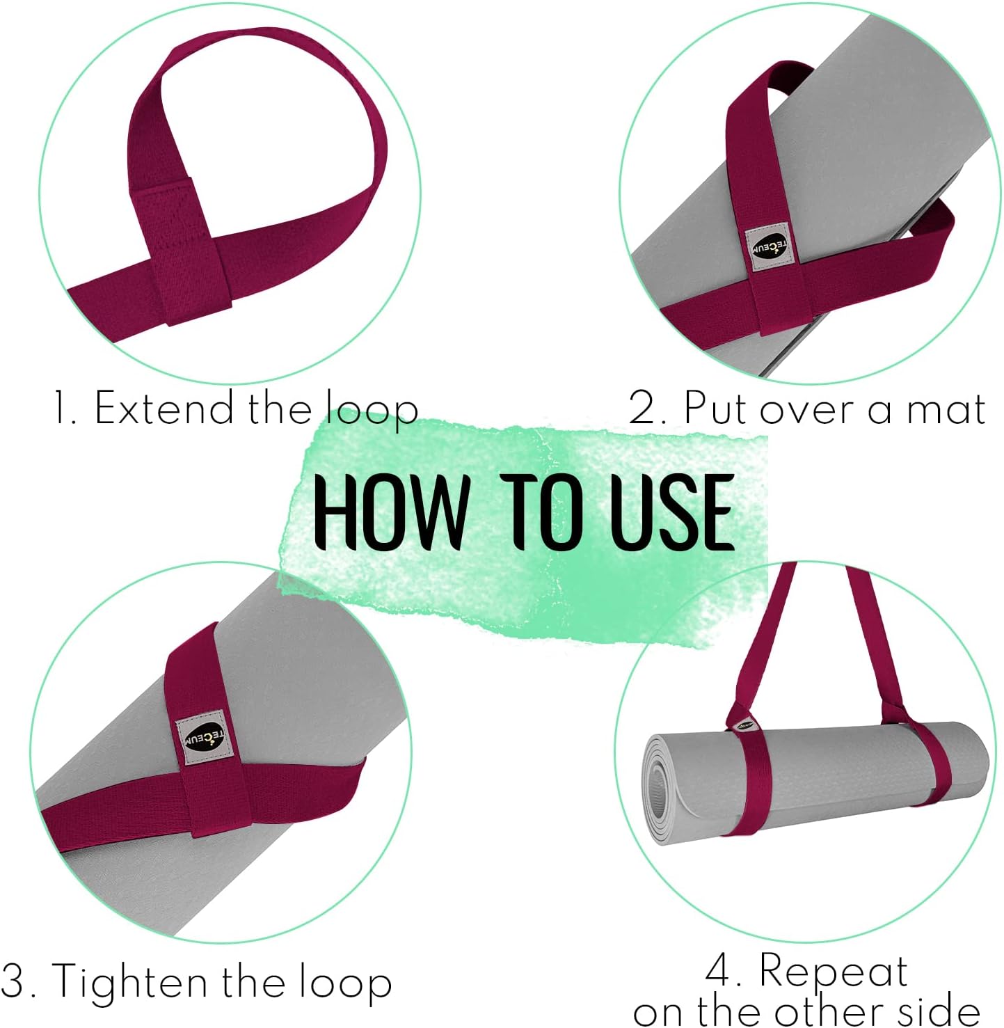 Detalle 1 de TECEUM Yoga Mat Strap, 64 IN Cotton-Blend Carrier in Deep Raspberry
