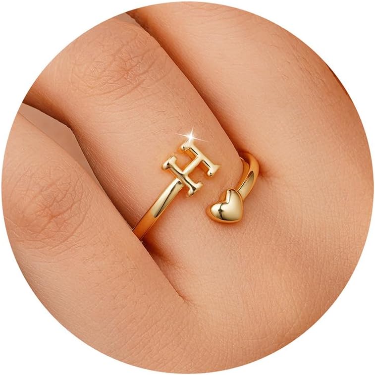 Detalle de Anello TINGN con cuore e iniziali, oro 14K placcato, impermeabile, regolabile – regalo elegante per donna e ragazza