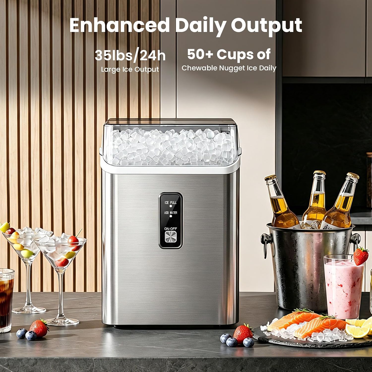Detalle 2 de Electactic HZB-15NG/S Nugget Ice Maker, Self-Cleaning Countertop Machine