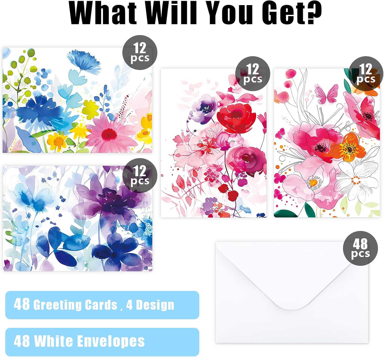 Detalle de FUHITIM 48-Pack Blank Greeting Cards with Envelopes, Watercolor Floral Designs