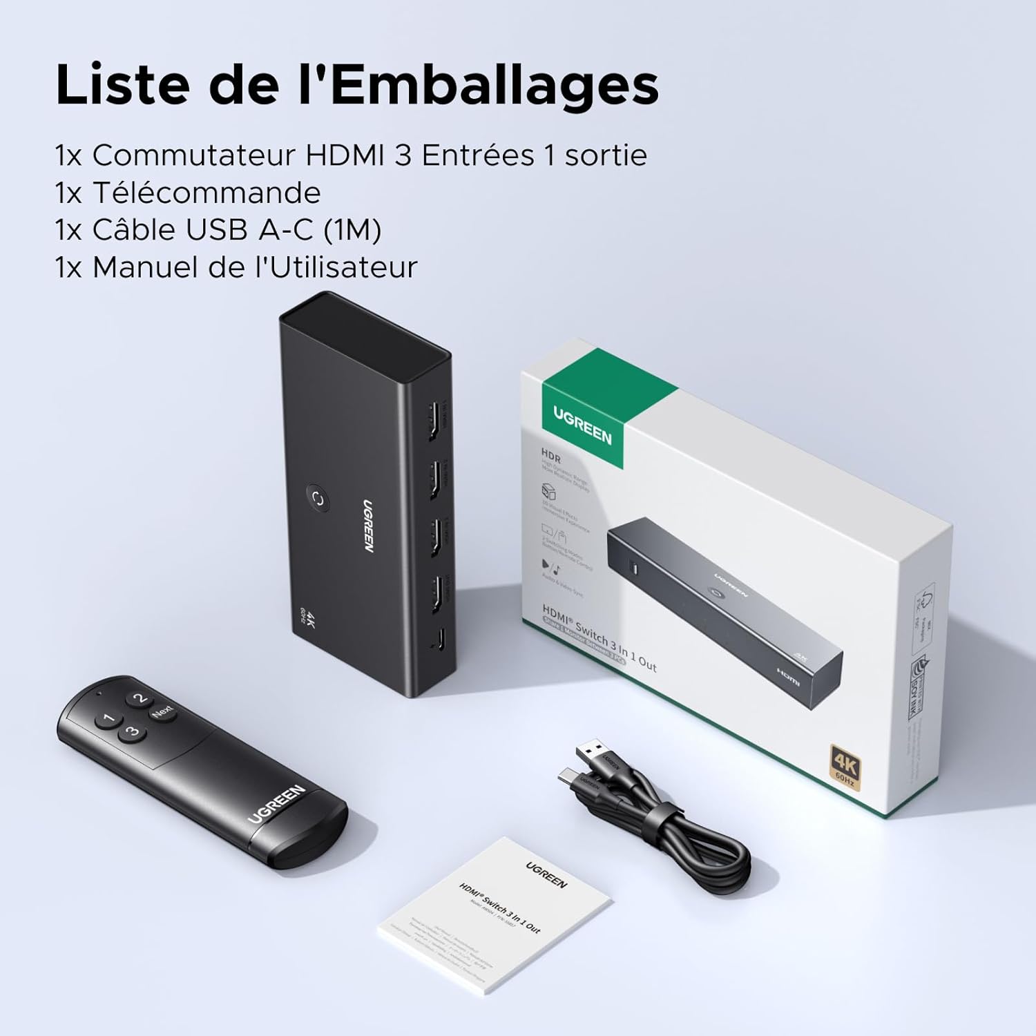 Thumbnail 5 de UGREEN Switch HDMI 4K 60 Hz à 3 entrées / 1 sortie avec télécommande