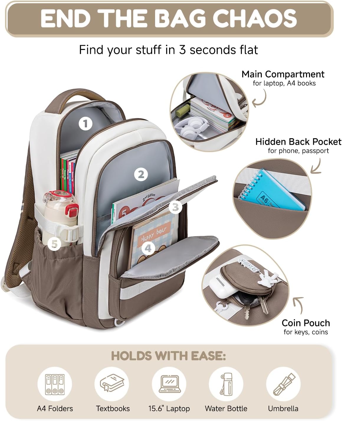 Detalle de Amythe Sac à Dos Filles Primaire et Collège – Cartable imperméable 15,6", 25 L, Marron