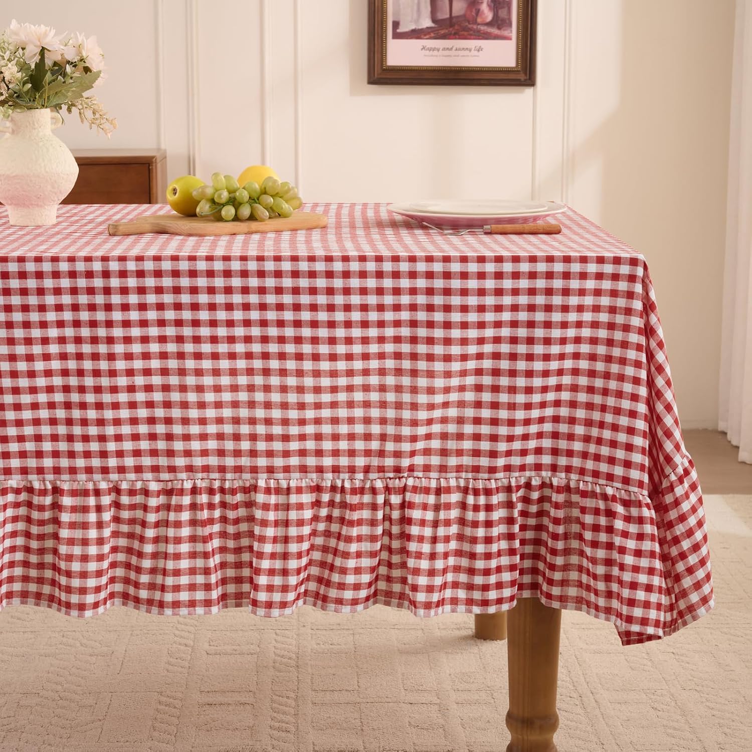 Detalle de Romanstile Gingham Ruffled Tablecloth Rectangle - 60 x 120 Inch, Red