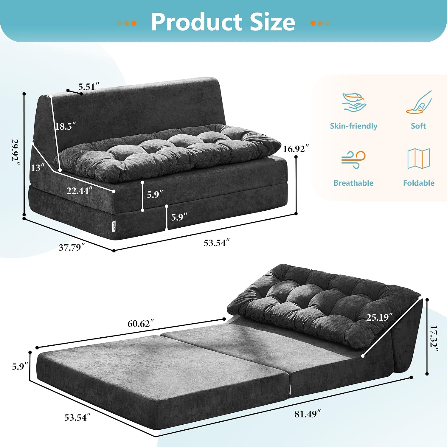 Thumbnail 2 de Hobestluk NEW096 Folding Sofa Bed, Graphite Chenille Floor Lounger