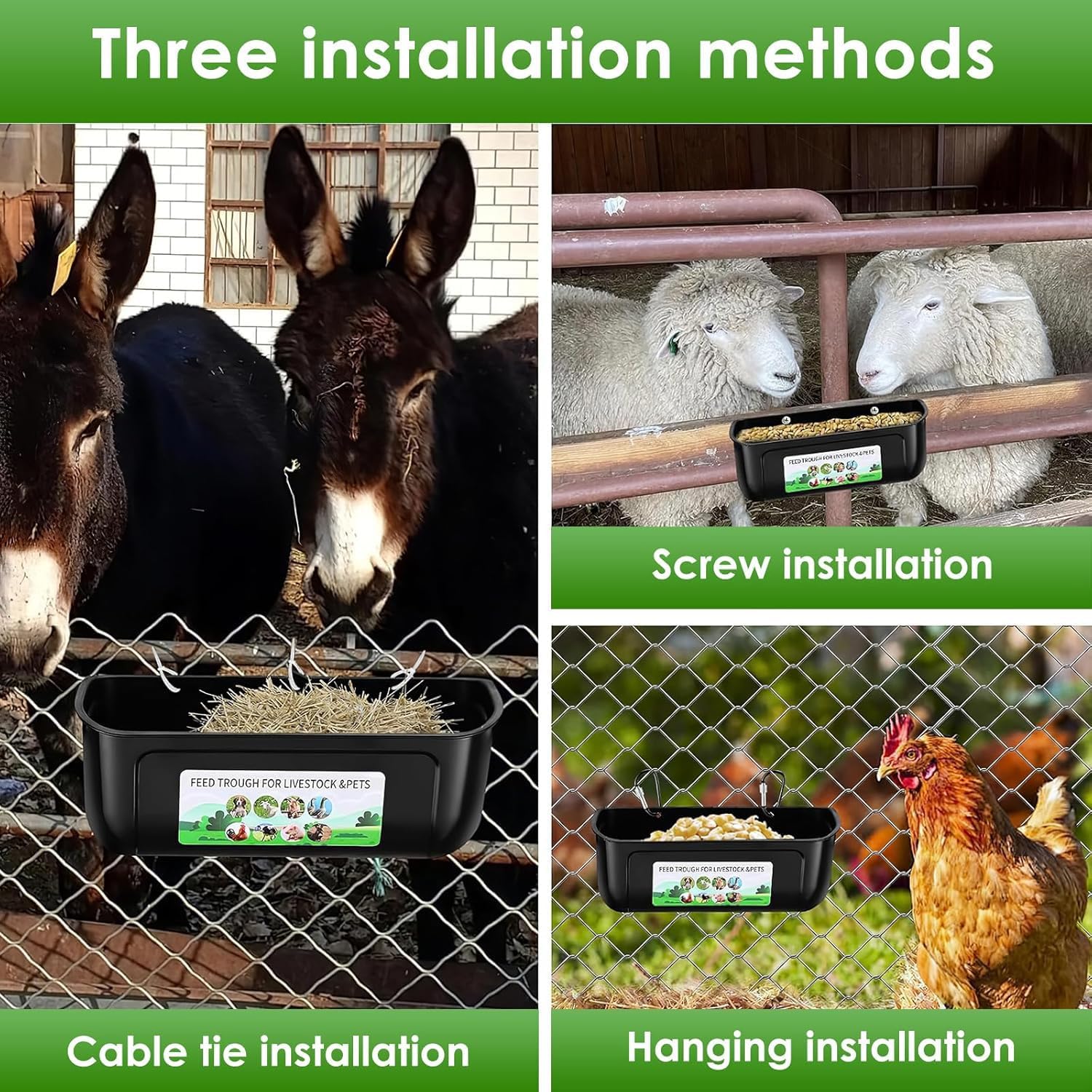 Thumbnail 4 de YEASQGS Extra Large Fence Feeder Chicken Hanging Feed Trough Poultry Waterer Bucket – 2 Pack (Black)