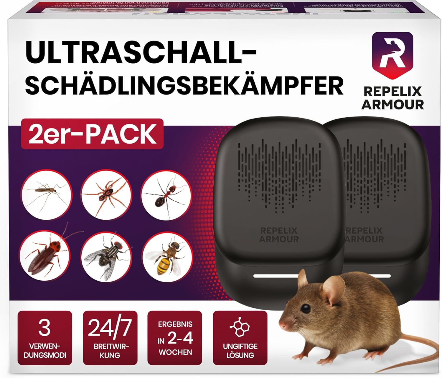 REPELIX ARMOUR Ultraschall-Schädlingsbekämpfer für Innenräume (2er-Set, PR-025) – bis 140 m² pro Gerät, 3 Modi