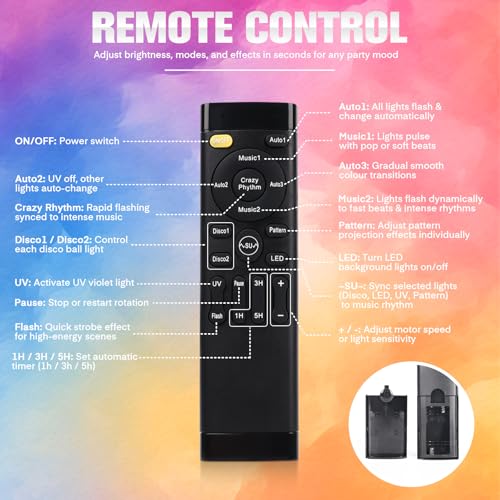 Detalle de Jeux de lumiere 6-en-1 avec trépied et télécommande – Lmaqfum, lumière DJ portable pour fêtes et événements