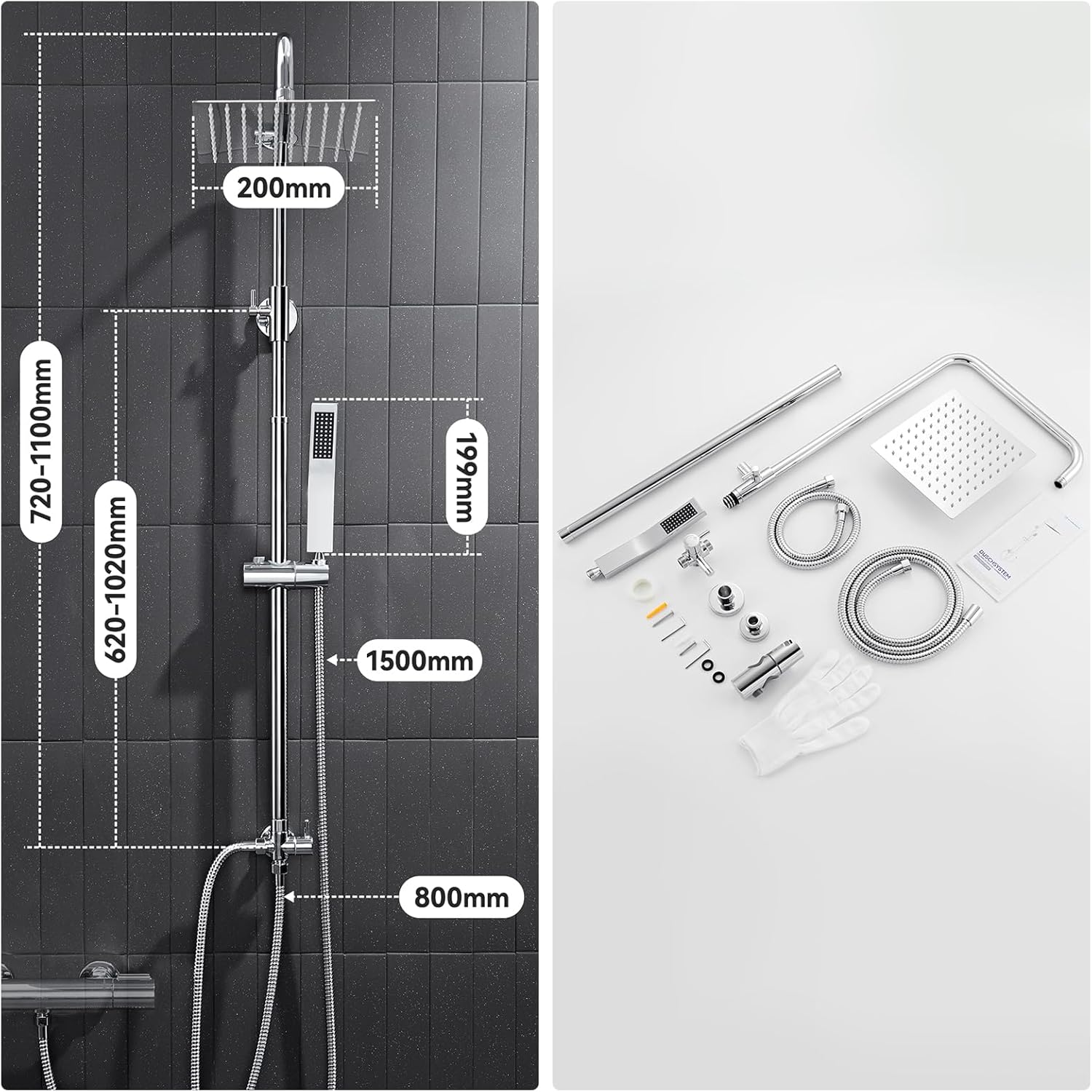 Thumbnail 5 de Auralum Regendusche ohne Armatur – eckiges Duschsystem aus Edelstahl mit 20×20 cm Regenduschkopf, Handbrause & höhenverstellbarer Stange