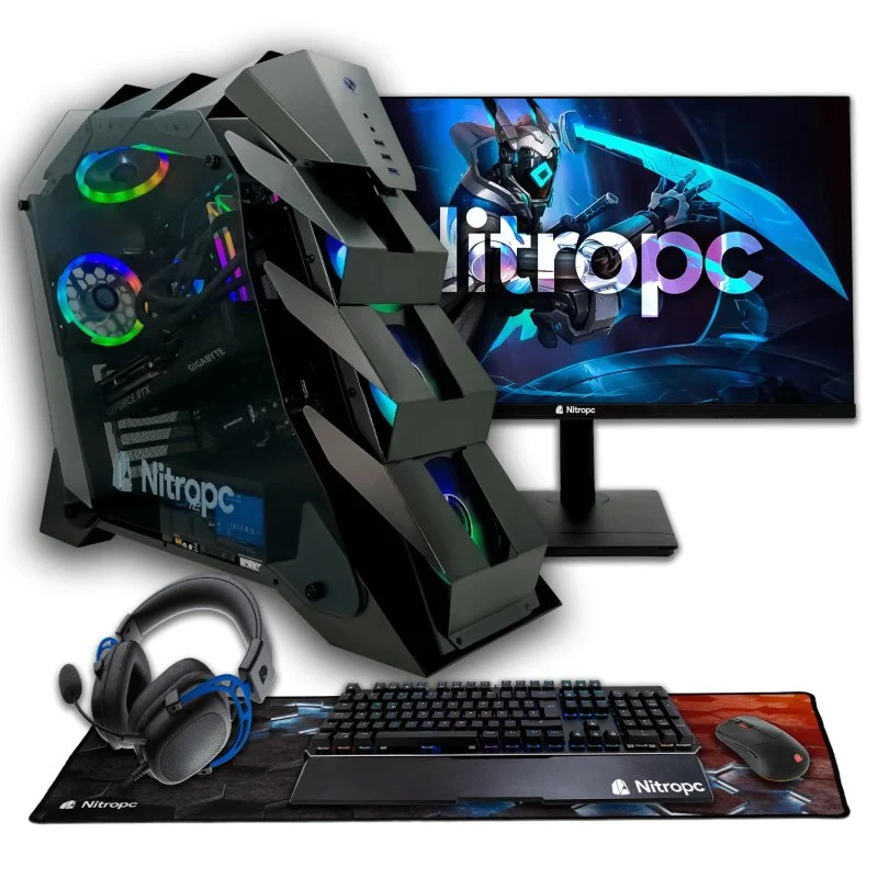 Detalle de Nitropc Pack Nitro Plus v2: Ryzen 7 9800X3D, 32 GB DDR5, 2 TB NVMe y RTX 5080 en monitor 27