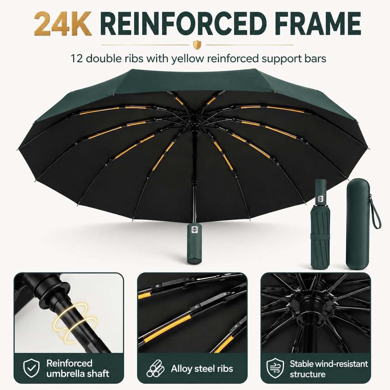 Detalle 2 de Exquisgoods 24K Strongest Windproof Travel Compact Umbrella – automatic, compact and UPF 50+ protection