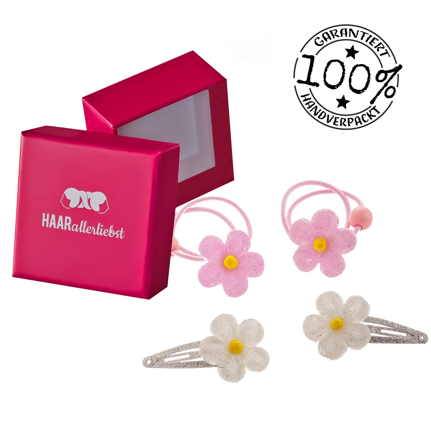 Detalle de HAARallerliebst Haarschmuck Set – 4-teilig mit großen Blumen, Glitzer in Rosa/Weiß, inkl. Schachtel (pink)