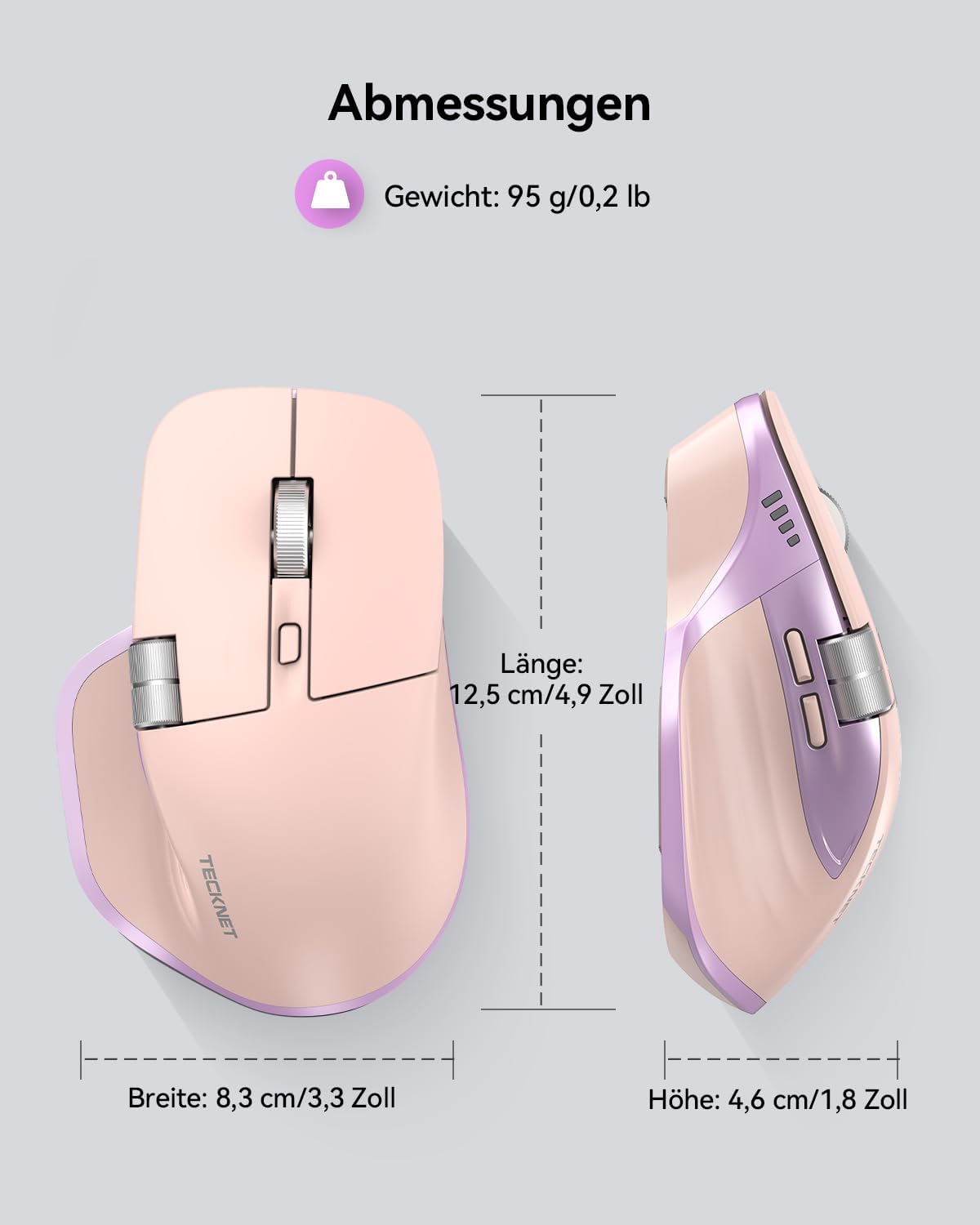 Detalle de TECKNET Bluetooth Maus kabellos – BT5.3/5.0 + 2,4 GHz, seitliches Mausrad, 4800 DPI, 7 Tasten, USB‑C Aufladung, rosa (Rechtshänder)