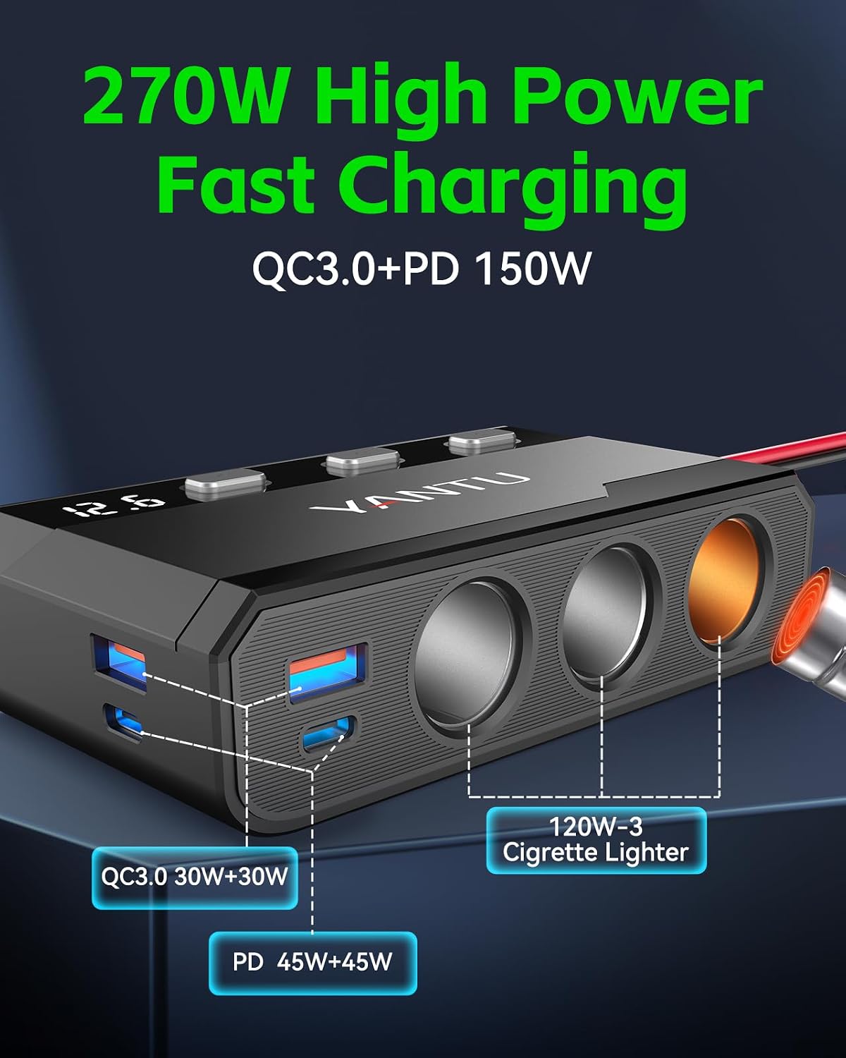Detalle 2 de YANTU 270W Car Cigarette Lighter USB Socket