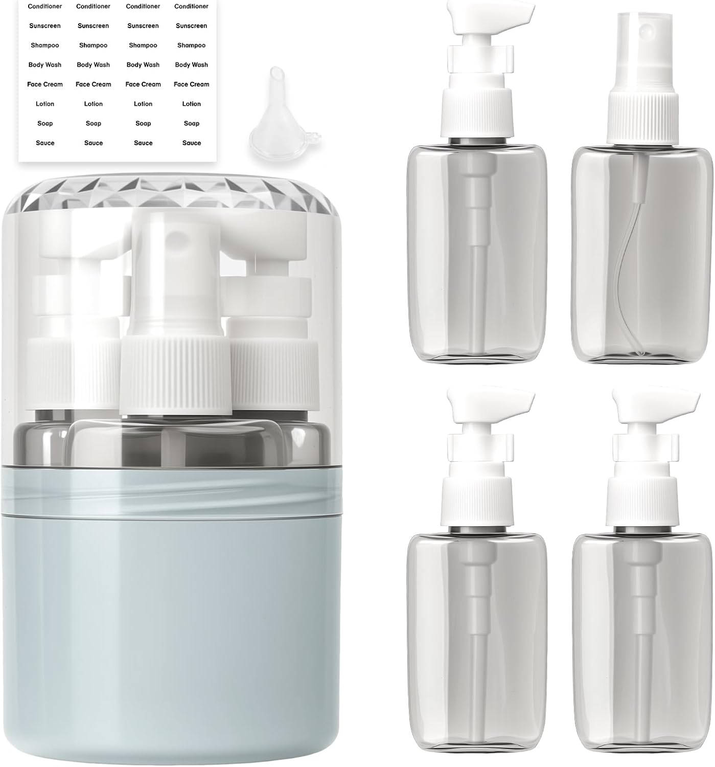 Thumbnail 6 de Xiuxhae Dunkle 4-in-1 Reiseflaschen Zum Befüllen – 50 ml Pump- und Sprayflaschen im Grün, inkl. Etiketten und Trichter