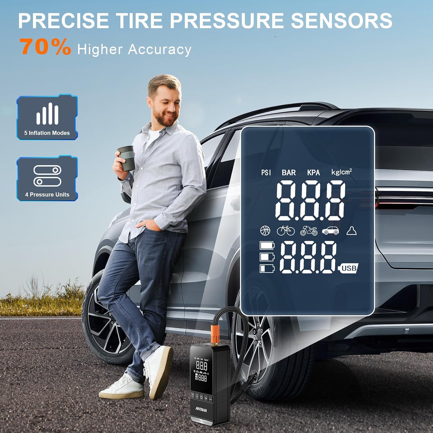 Thumbnail 2 de Antaha Tire Inflator Portable Air Compressor: 150 PSI Cordless Smart Pump for Car Tires