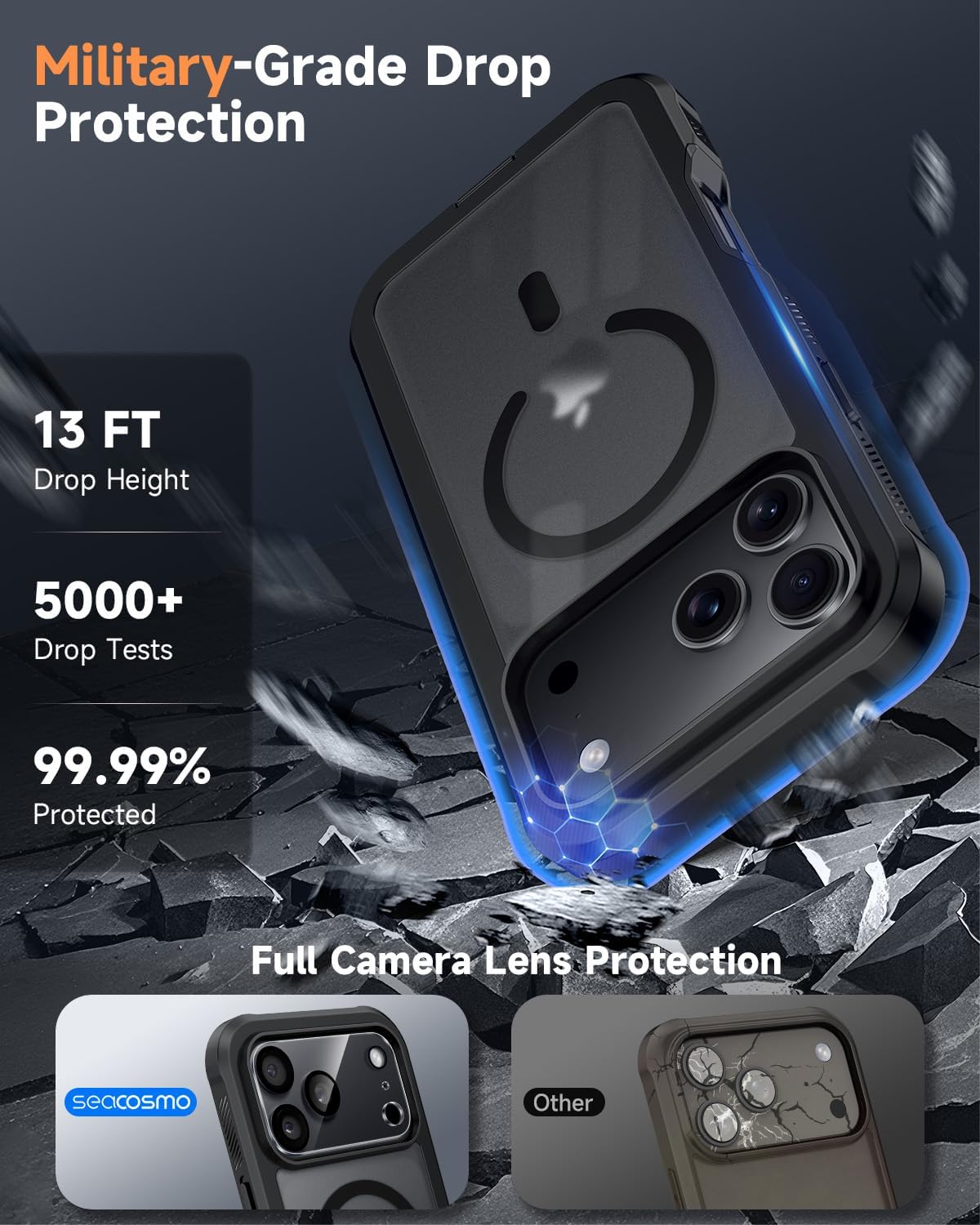 Detalle de seacosmo for 18 17 Pro Max Case, Matte Black, Built-In Glass & MagSafe Ring