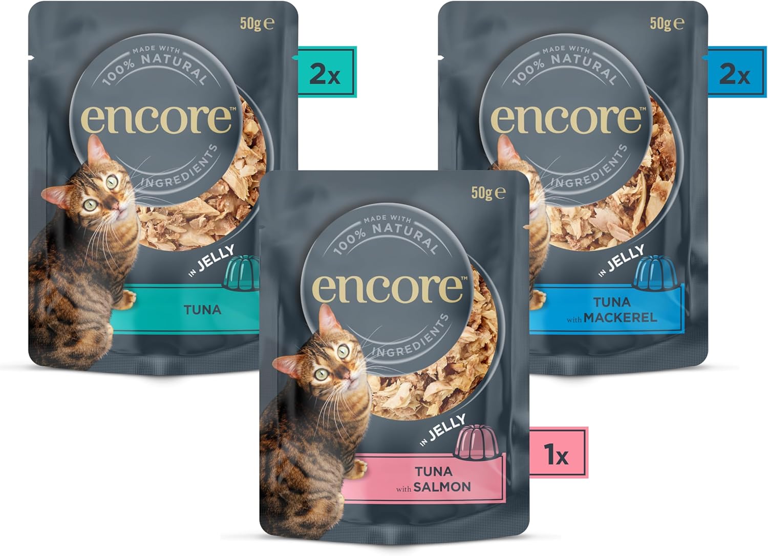Detalle 2 de Encore Nourriture humide naturelle pour chats — thon et sélection de poissons, sachets de 50 g (20 sachets)