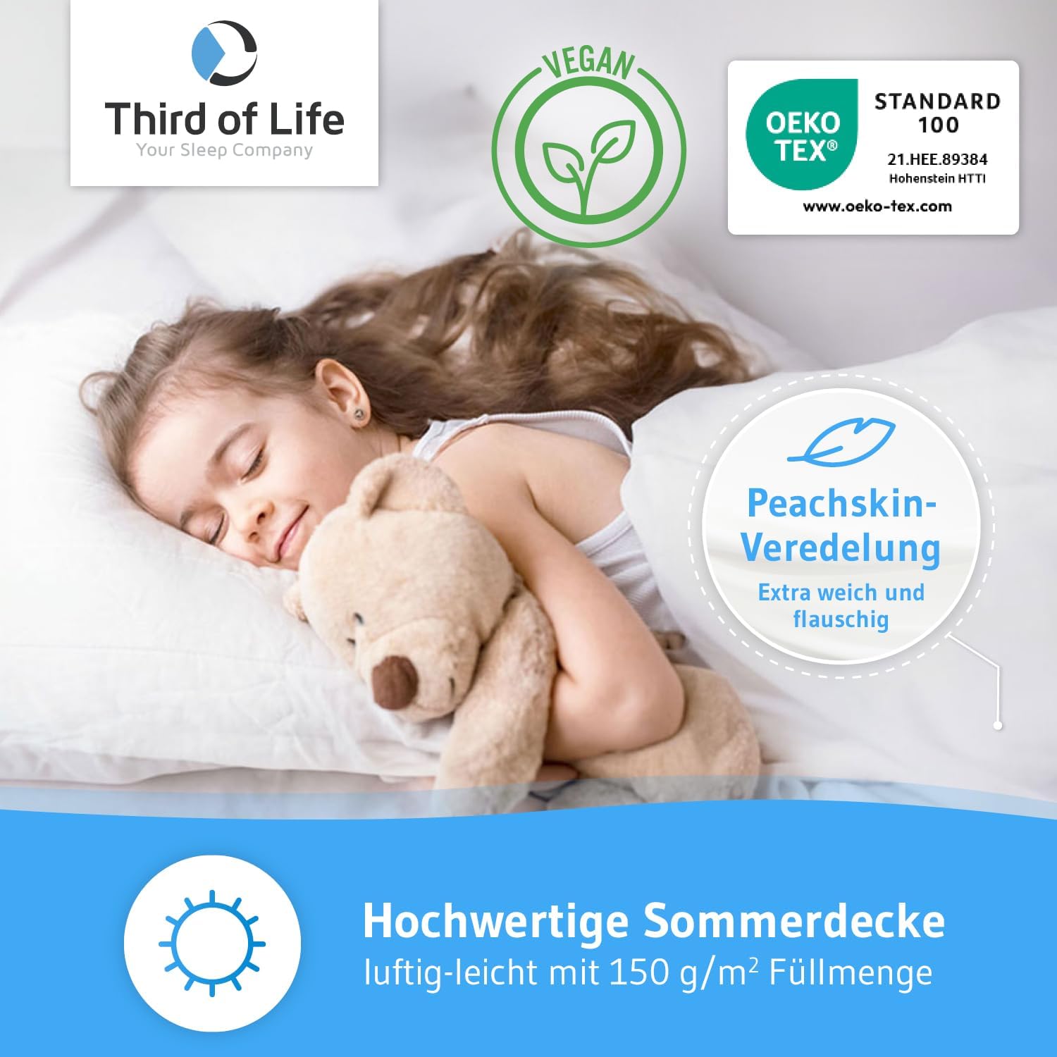 Detalle de Verda Kinderbettdecke 100x135 cm aus recyceltem PET – sommerleichte, thermoregulierende Steppdecke