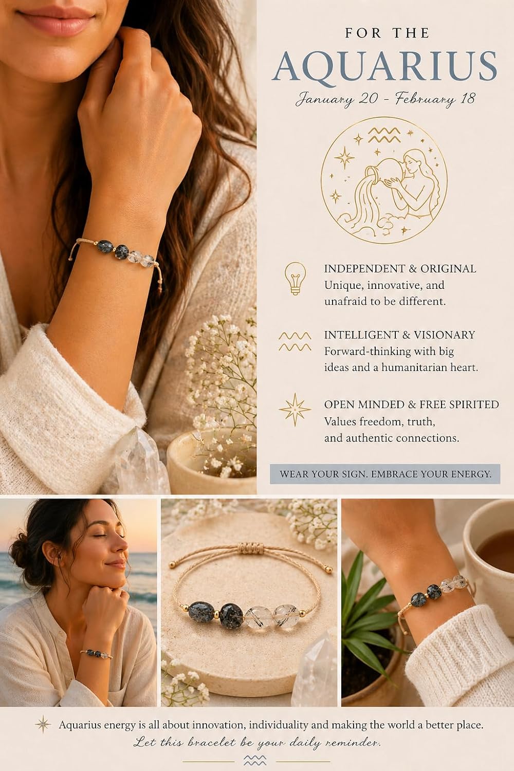 Thumbnail 2 de Lunarié Zodiac Stone Bracelet – Handmade Natural Crystal Bead Adjustable Astrology Jewellery