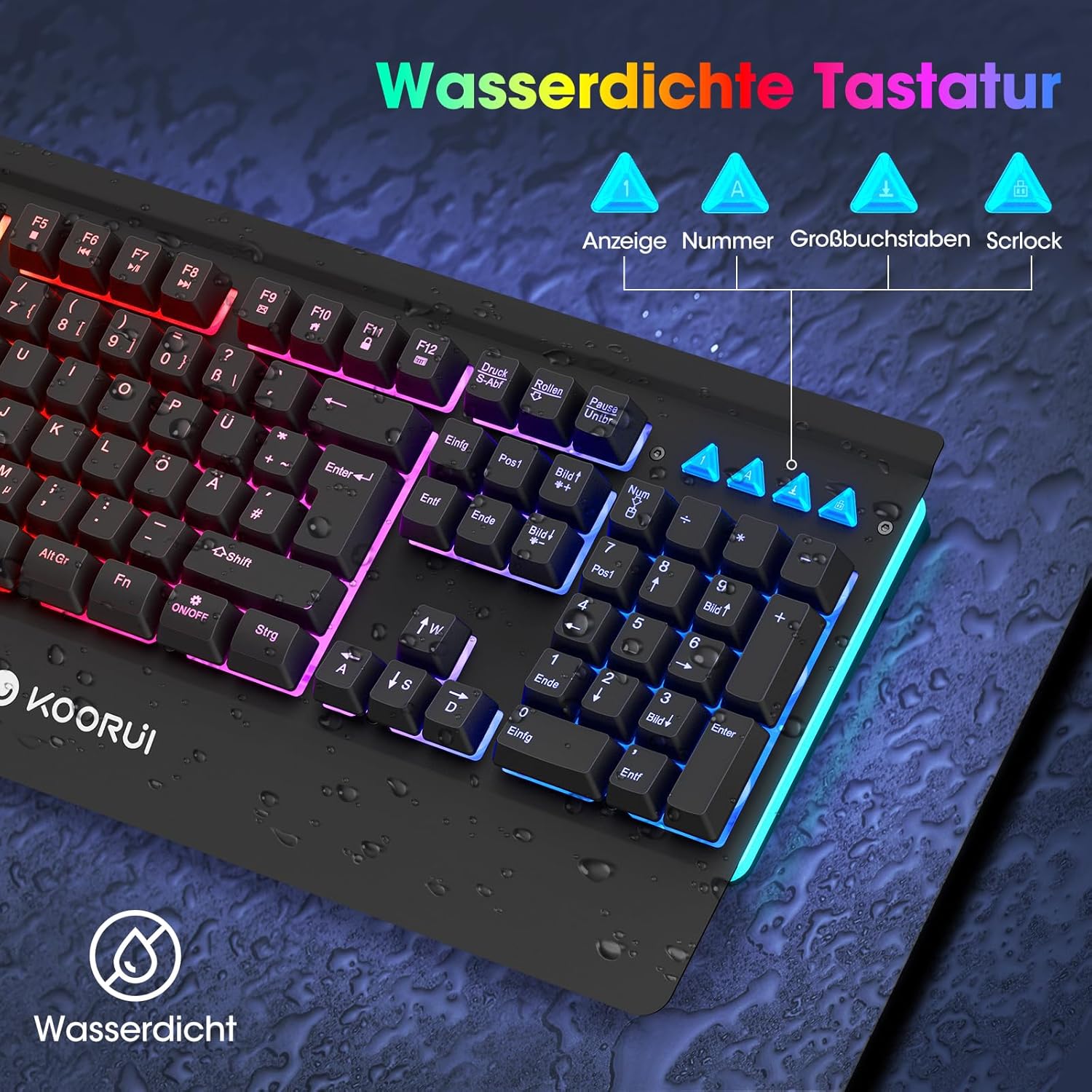 Detalle de KOORUI Gaming Tastatur – Deutsches QWERTZ-Layout, 26-Knopf Anti-Ghosting, Spritzwasserschutz, RGB-Backlight und 12 Multimedia-Tasten