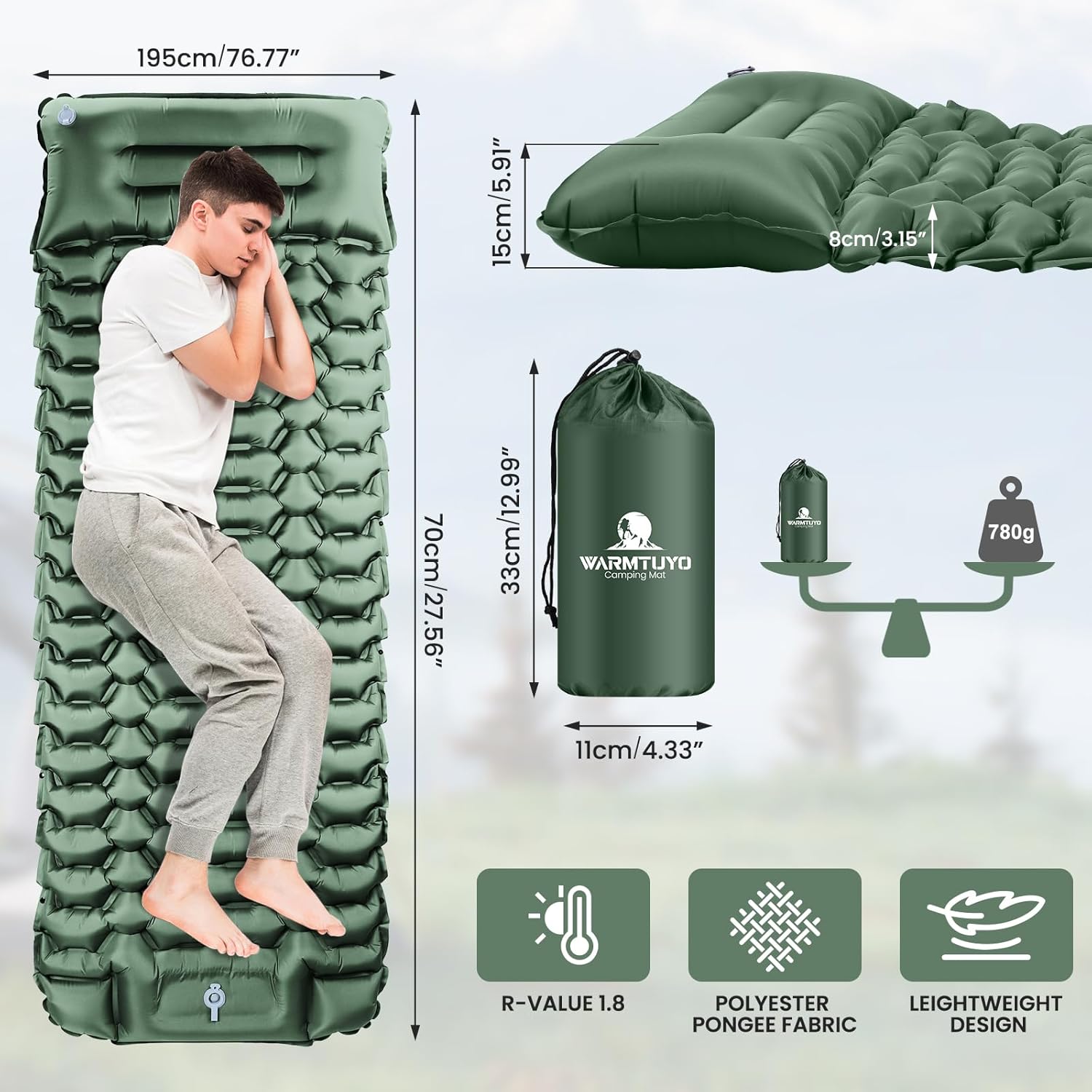 Thumbnail 5 de WARMTUYO Isomatte Camping – Ultraleicht, faltbar mit Fußpumpe, Kopfkissen und rissfestem Schutz