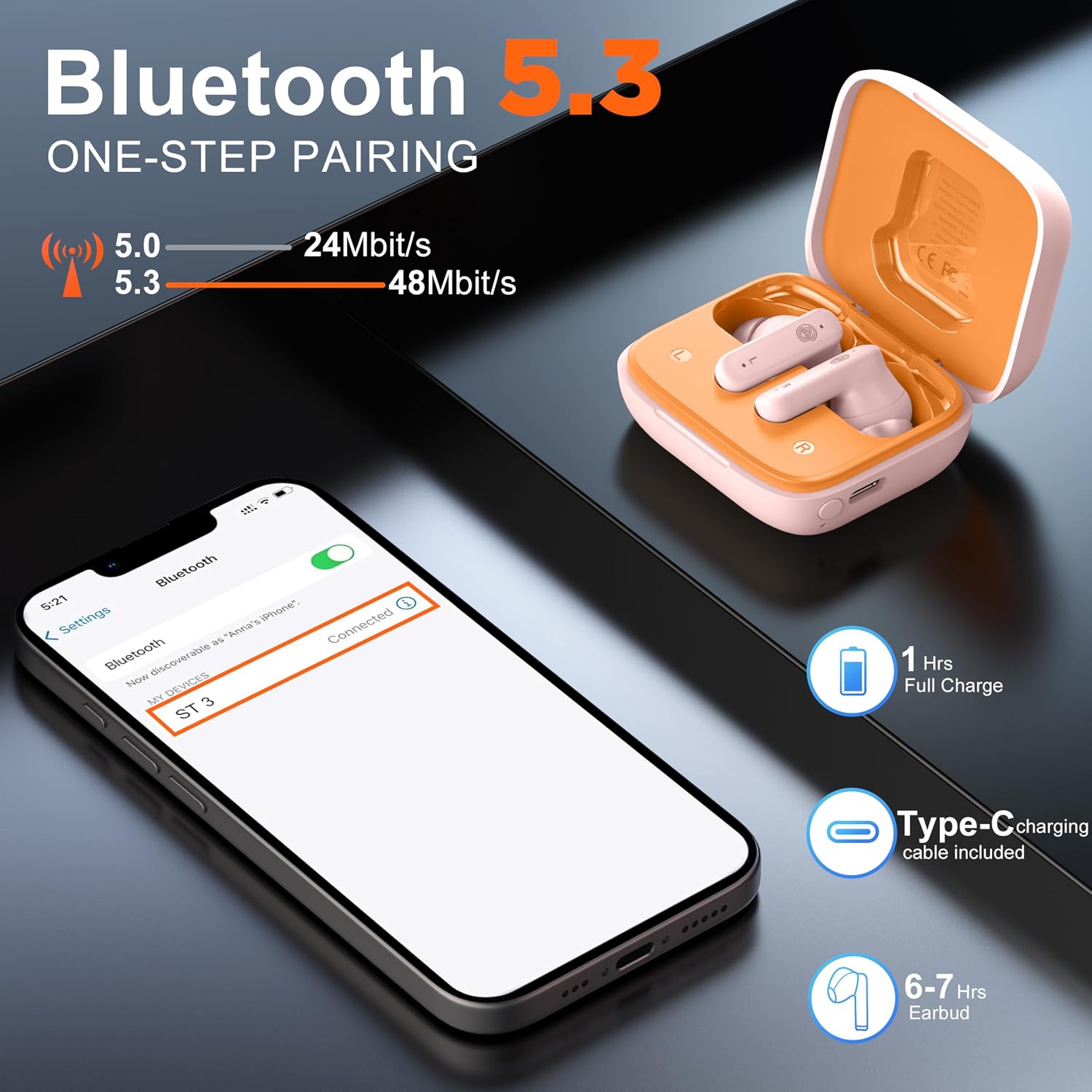 Detalle 2 de THREE PEACHES Wireless Earbuds with Touch LED ANC, Bluetooth ENC and Gaming Sound Modes