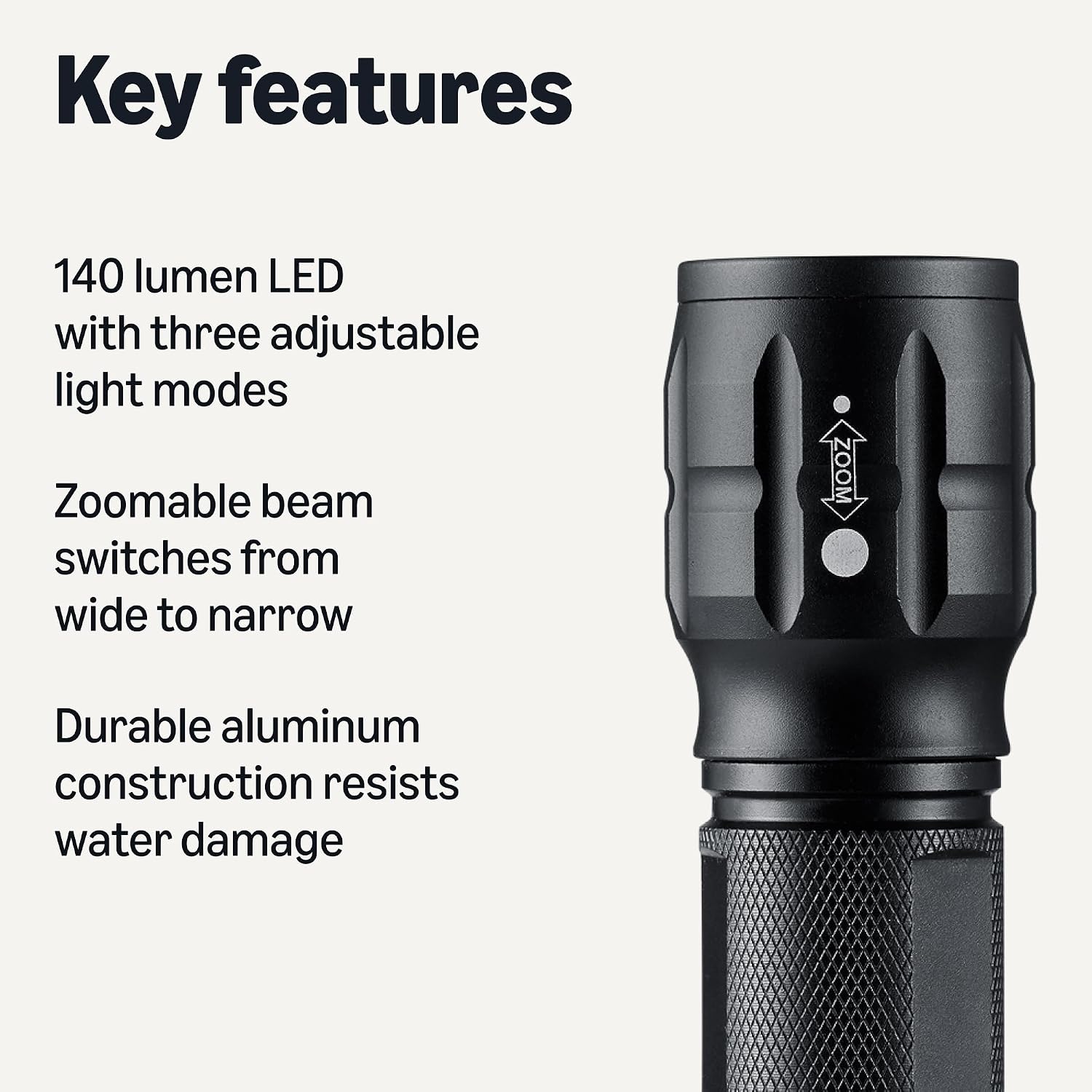 Detalle 2 de Amazon Basics Tactical Flashlight: 140-Lumen, 3-Mode, Zoomable Beam
