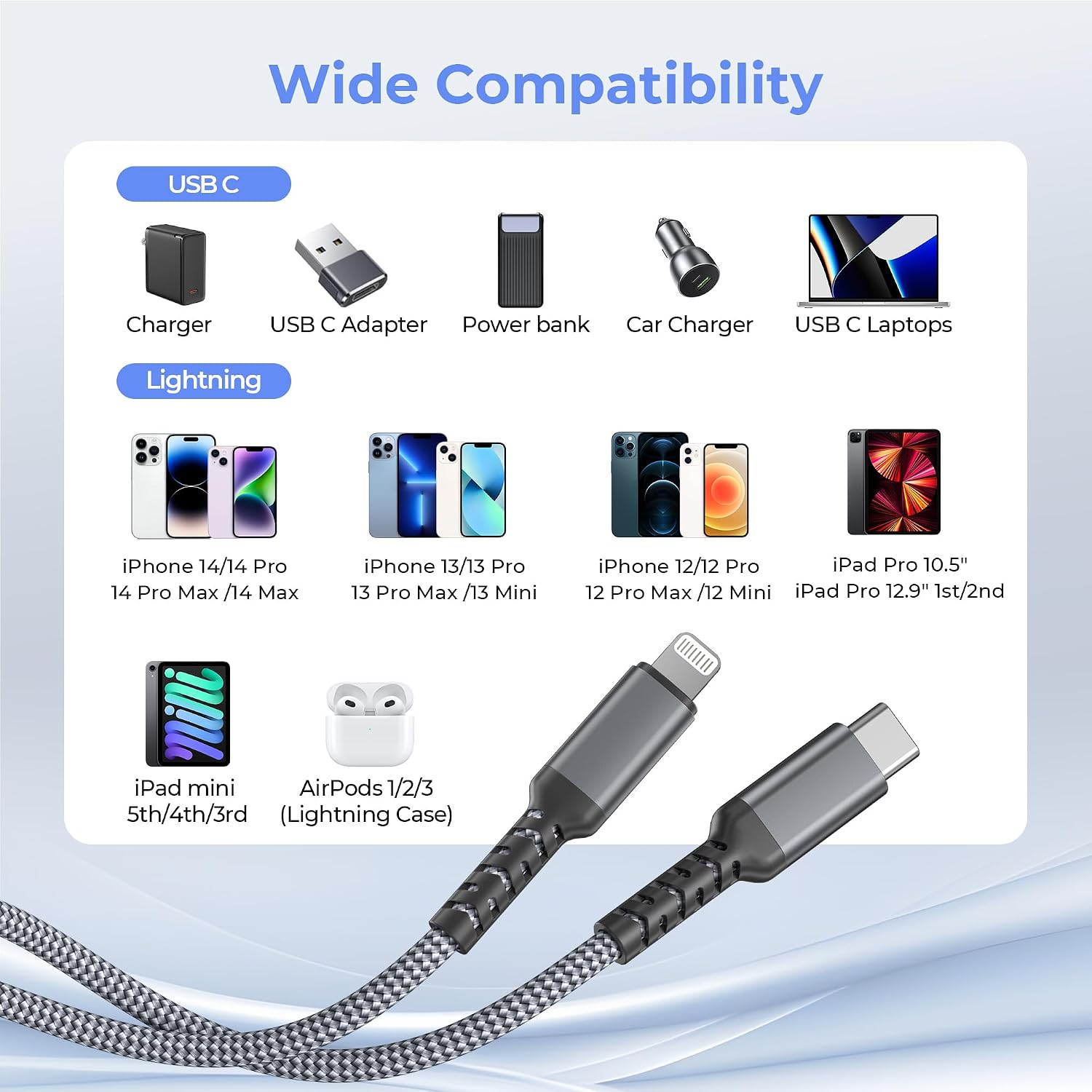 Thumbnail 6 de Elebase USB-C to Lightning Car Charger Cable 1M with USB A Adapter for Apple Devices