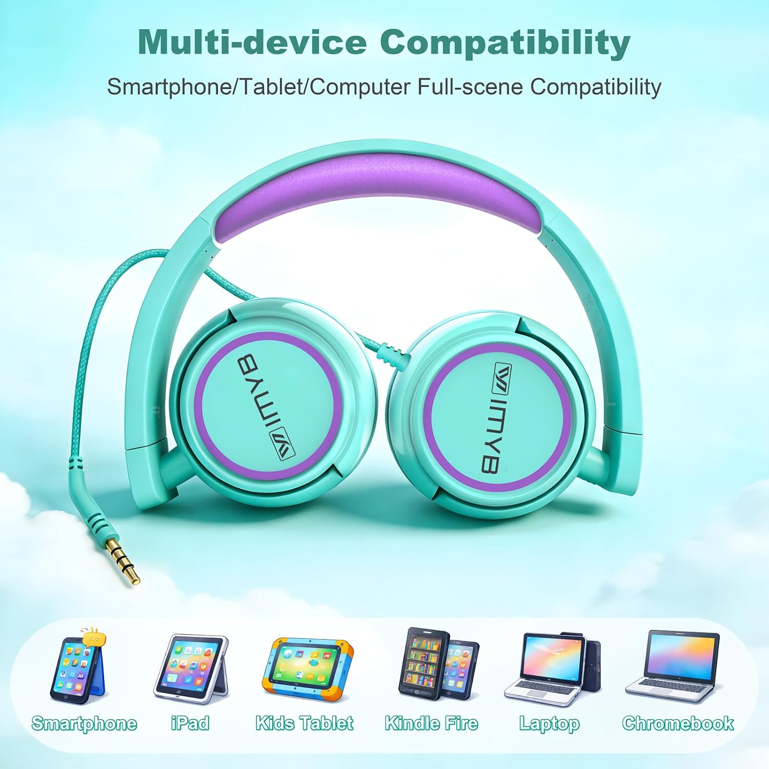 Thumbnail 6 de IMYB V1 Kids Headphones – Wired, Foldable, Safe-Volume On-Ear Headphones (Green)