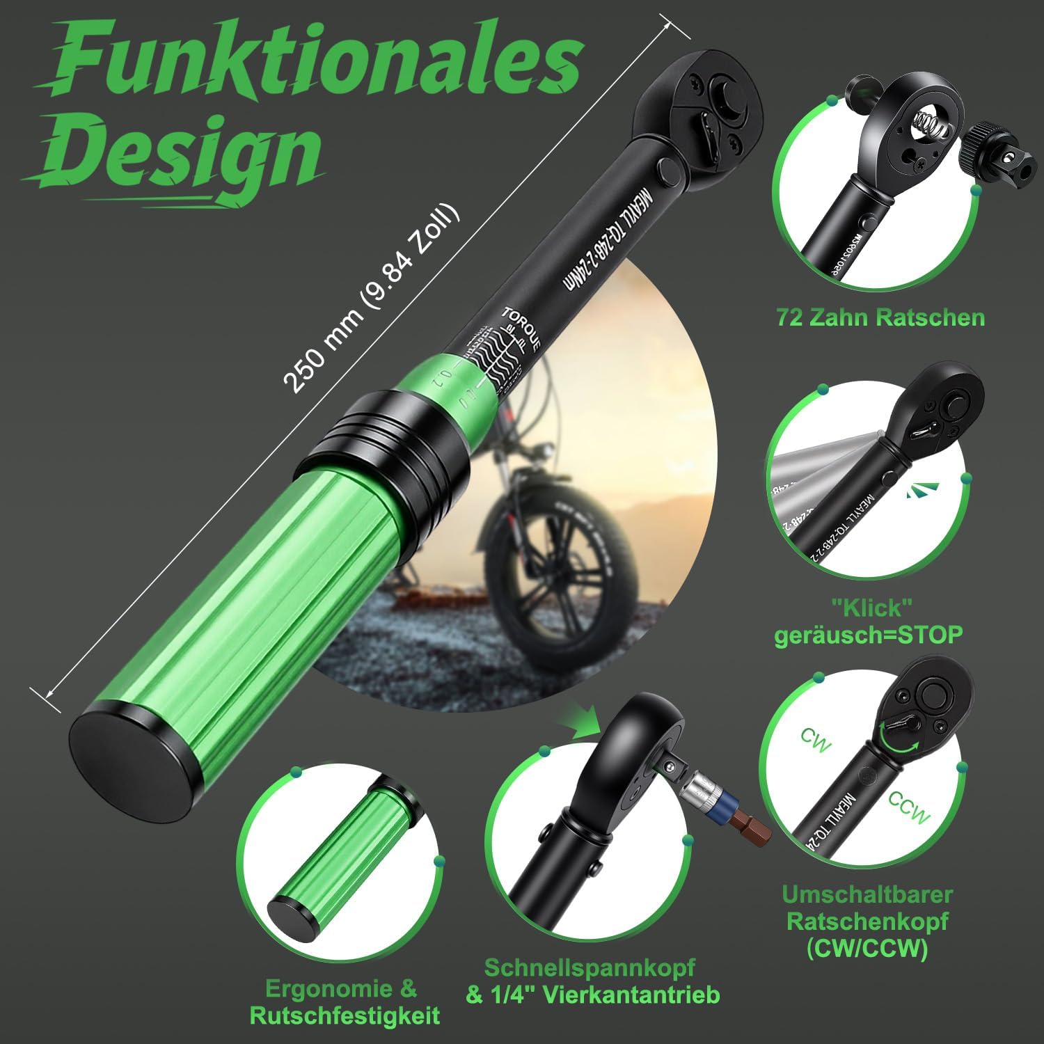 Thumbnail 4 de Meayll 15-teiliges Drehmomentschlüssel-Set fürs Fahrrad (1/4", 2–24 Nm, ±3%) inkl. 12 Bits, 72-Zahn-Umschaltratsche