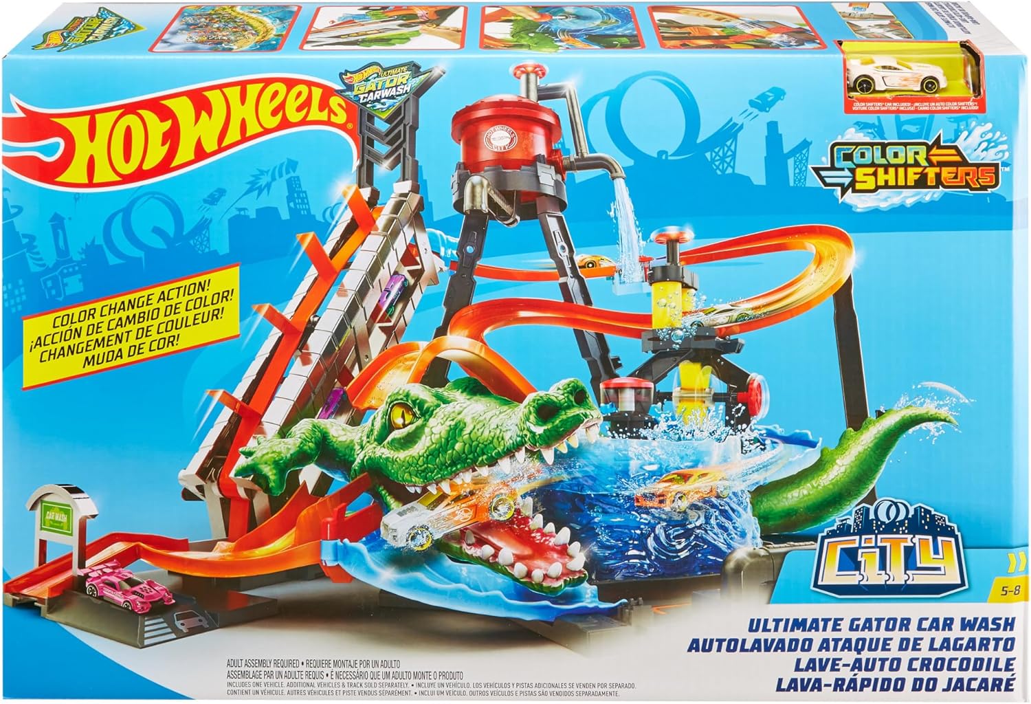 Detalle de Hot Wheels City Station de Lavage Ultime, Coffret avec Pistes Color Shifters et Alligator Géant (FTB67)
