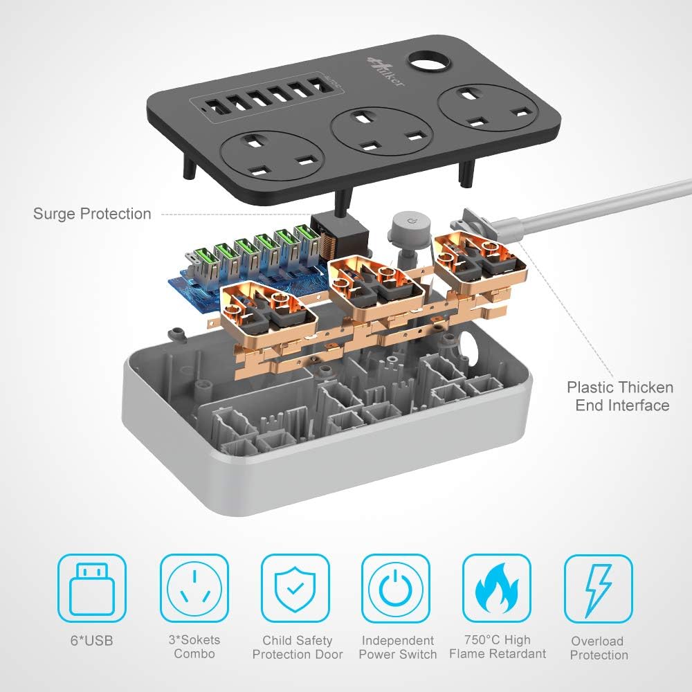 Thumbnail 4 de Hulker Power Strip 3-way outlet with 6 USB 2m cable 🔌