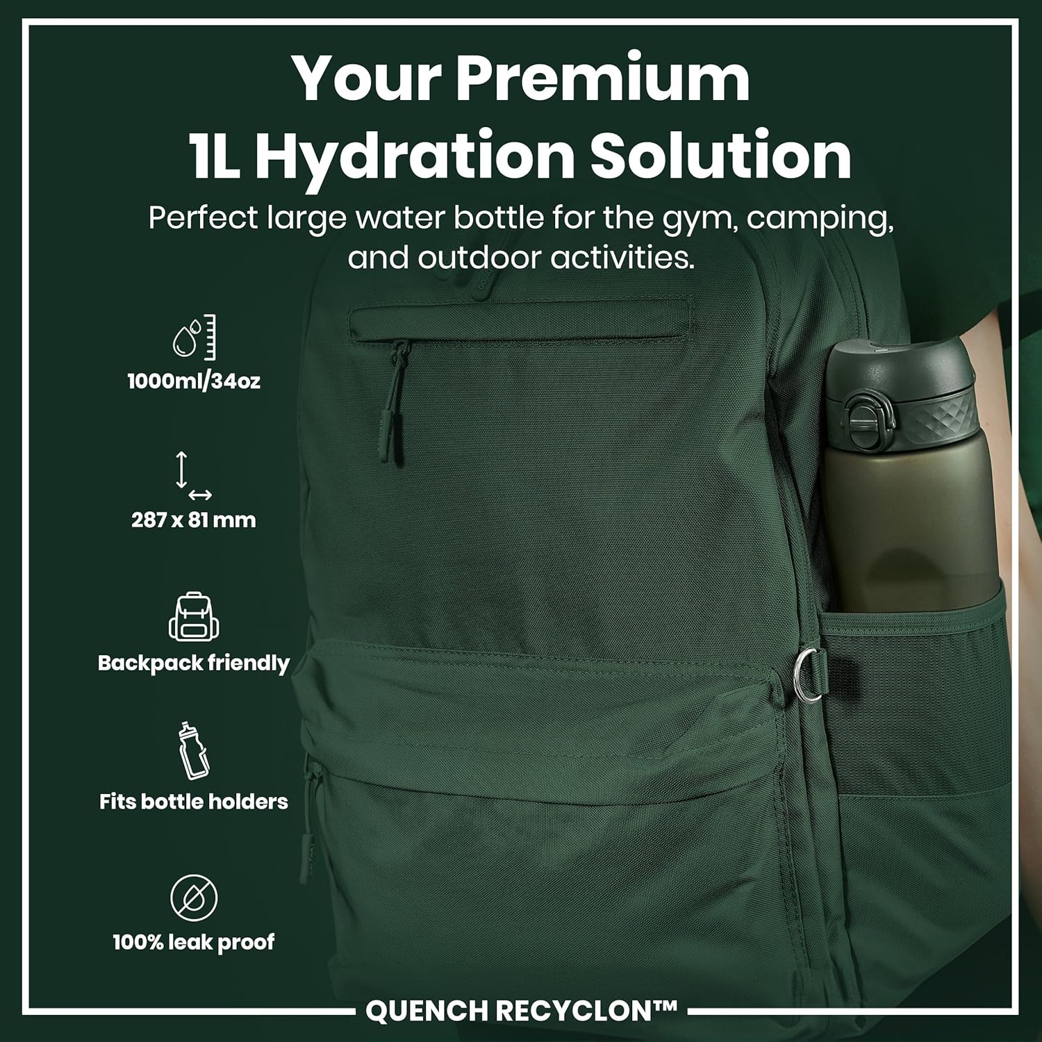 Thumbnail 1 de Ion8 1 Litre Water Bottle with Times to Drink – Leak-Proof, Flip Lid, BPA Free and Dishwasher Safe