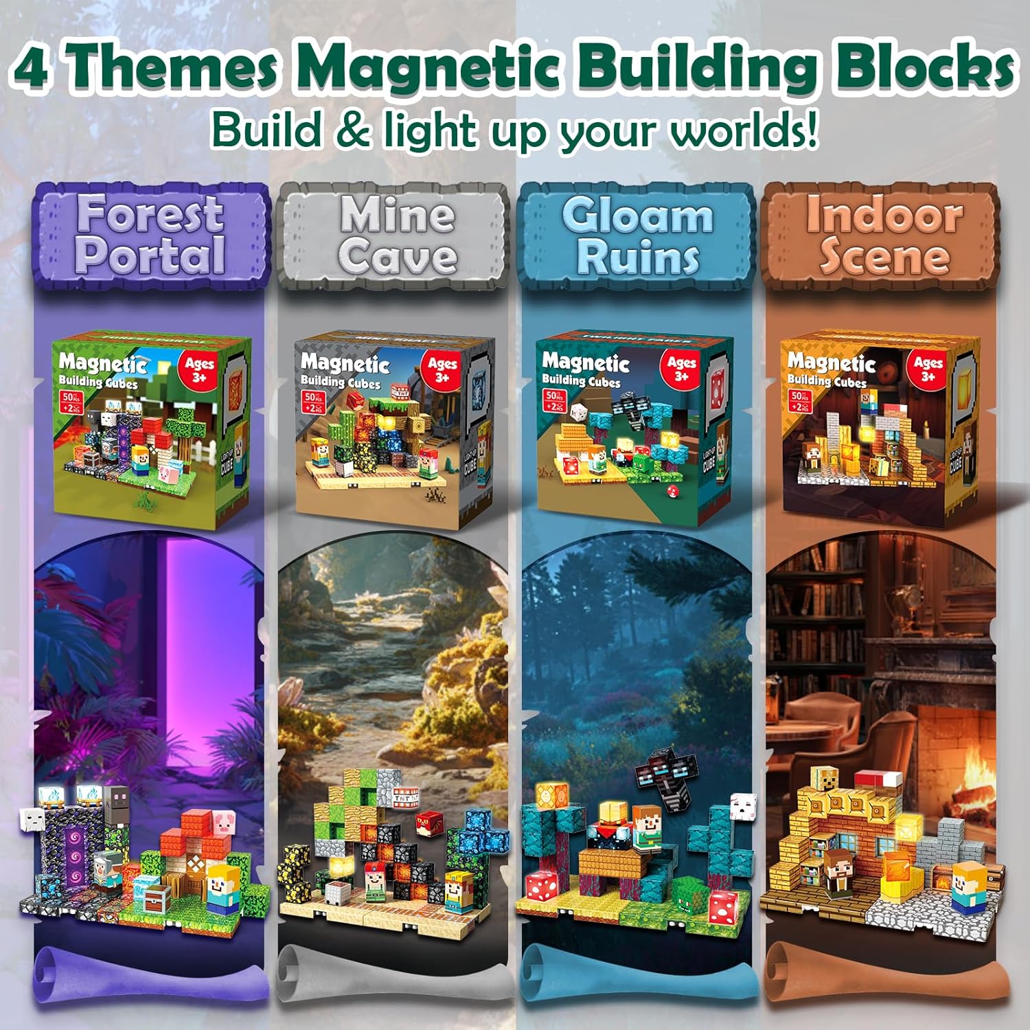 Thumbnail 1 de Four Themes Magnetic Blocks with 8 Baseplate Light Blocks – Magnetic Building Cubes for Kids (Age 3+)