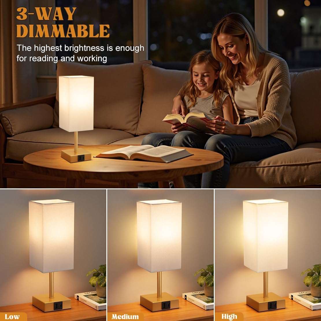 Thumbnail 2 de Aooshine Gold Touch Lamp with USB-C + USB-A Charging Ports and White Linen Shade