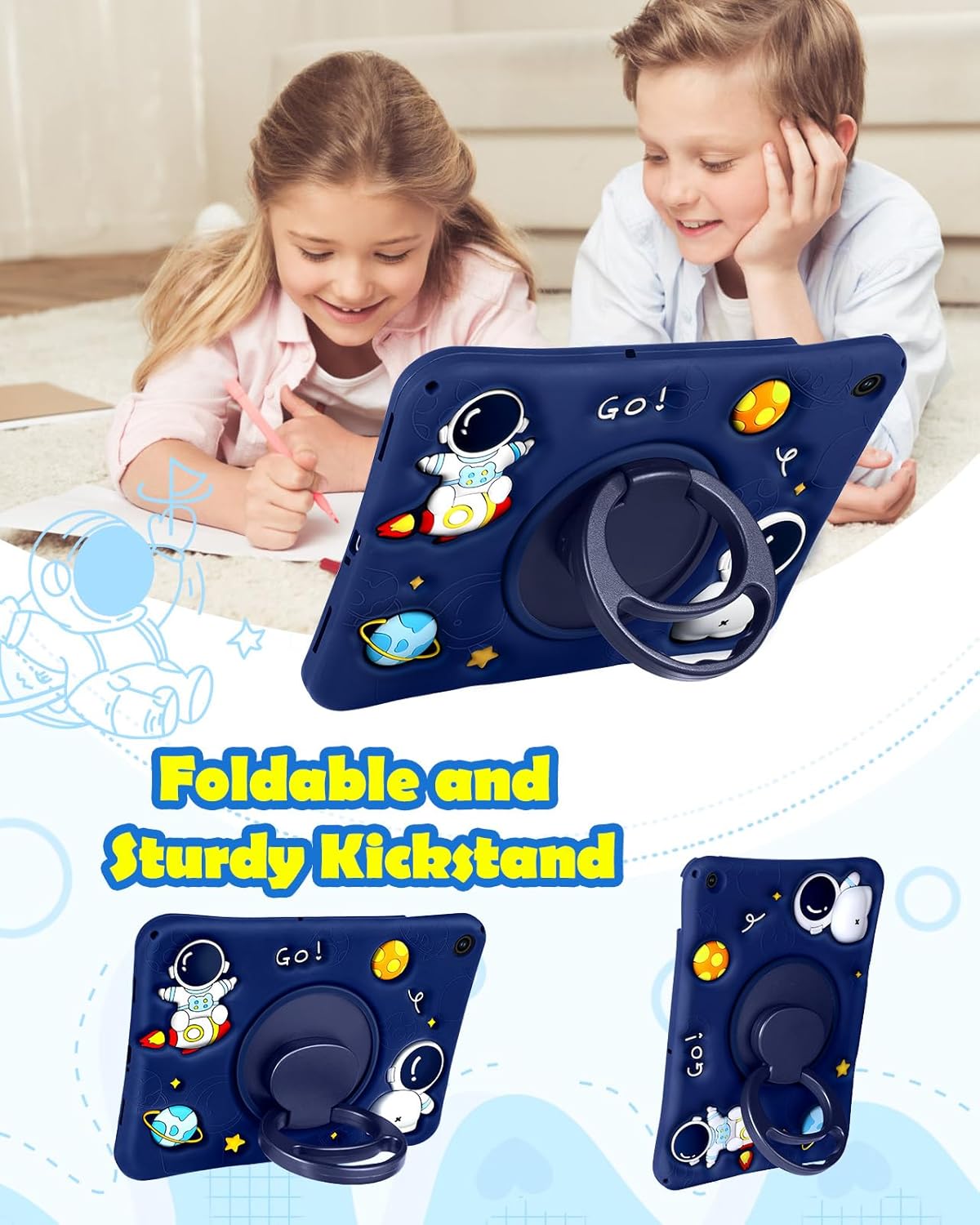 Detalle de SurgeCraft 11” Samsung Galaxy Tab A9 Plus Case – Cute Astronaut Silicone Cover with Strap, Stand and 360° Rotating Grip