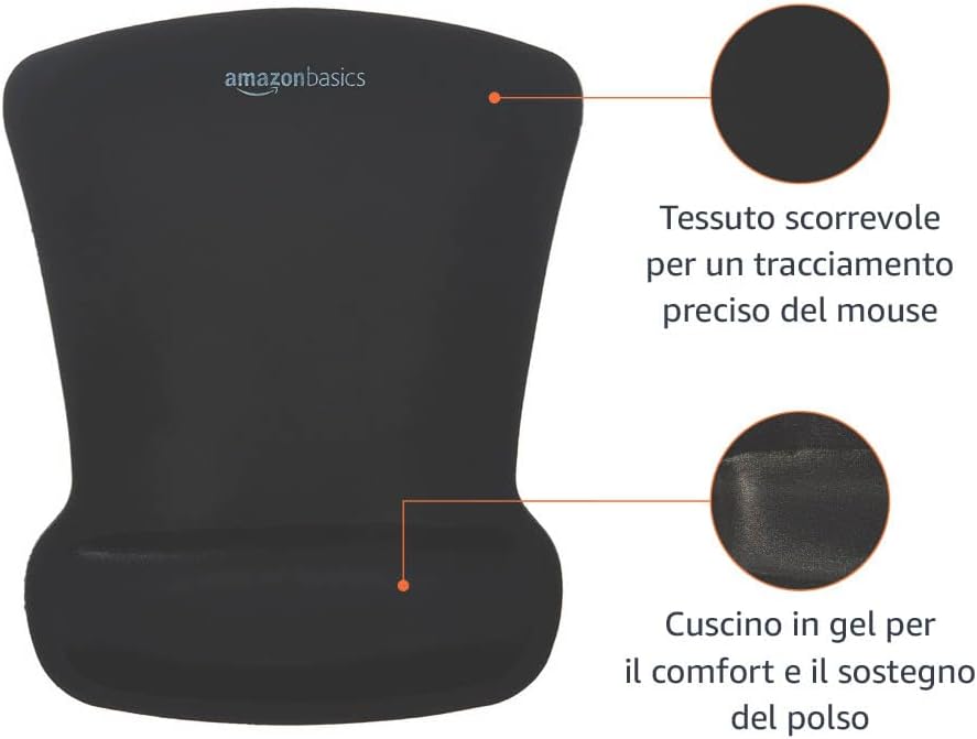 Detalle 2 de Tappetino per mouse Amazon Basics irregolare in gel con poggiapolsi nero (20,32 x 25,4 cm)