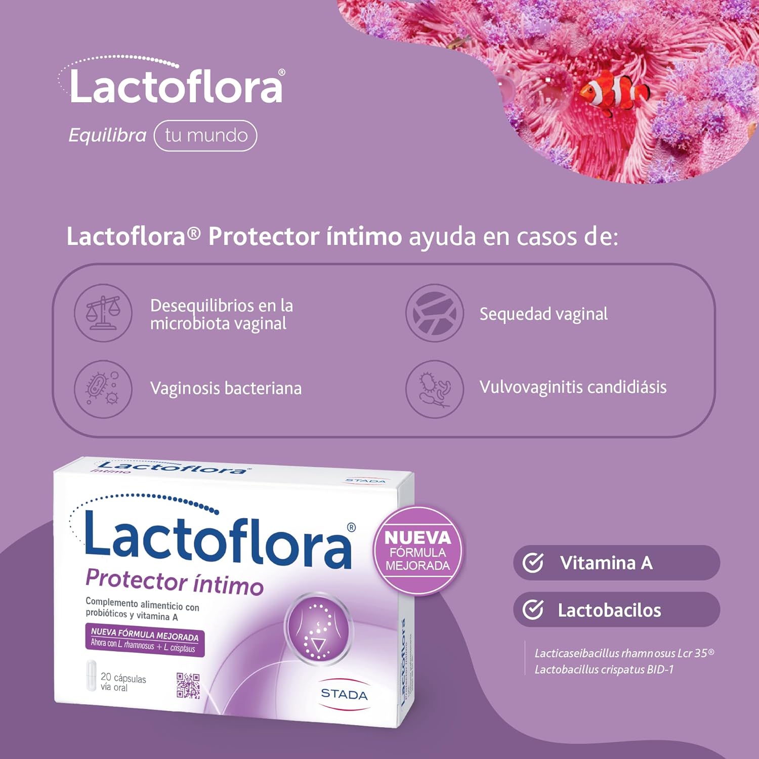 Detalle de LACTOFLORA Protector Íntimo Mujer con probióticos y Vitamina A (20 cápsulas)