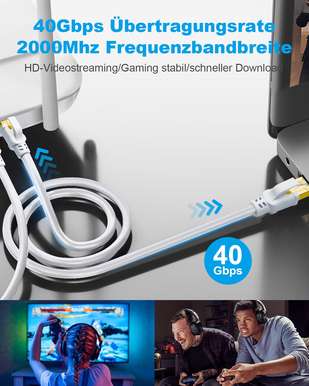 Thumbnail 2 de DDMALL CAT8 LAN-Kabel (8 m), F/FTP Ethernet mit vergoldetem RJ45 für Router, Modem & Gaming