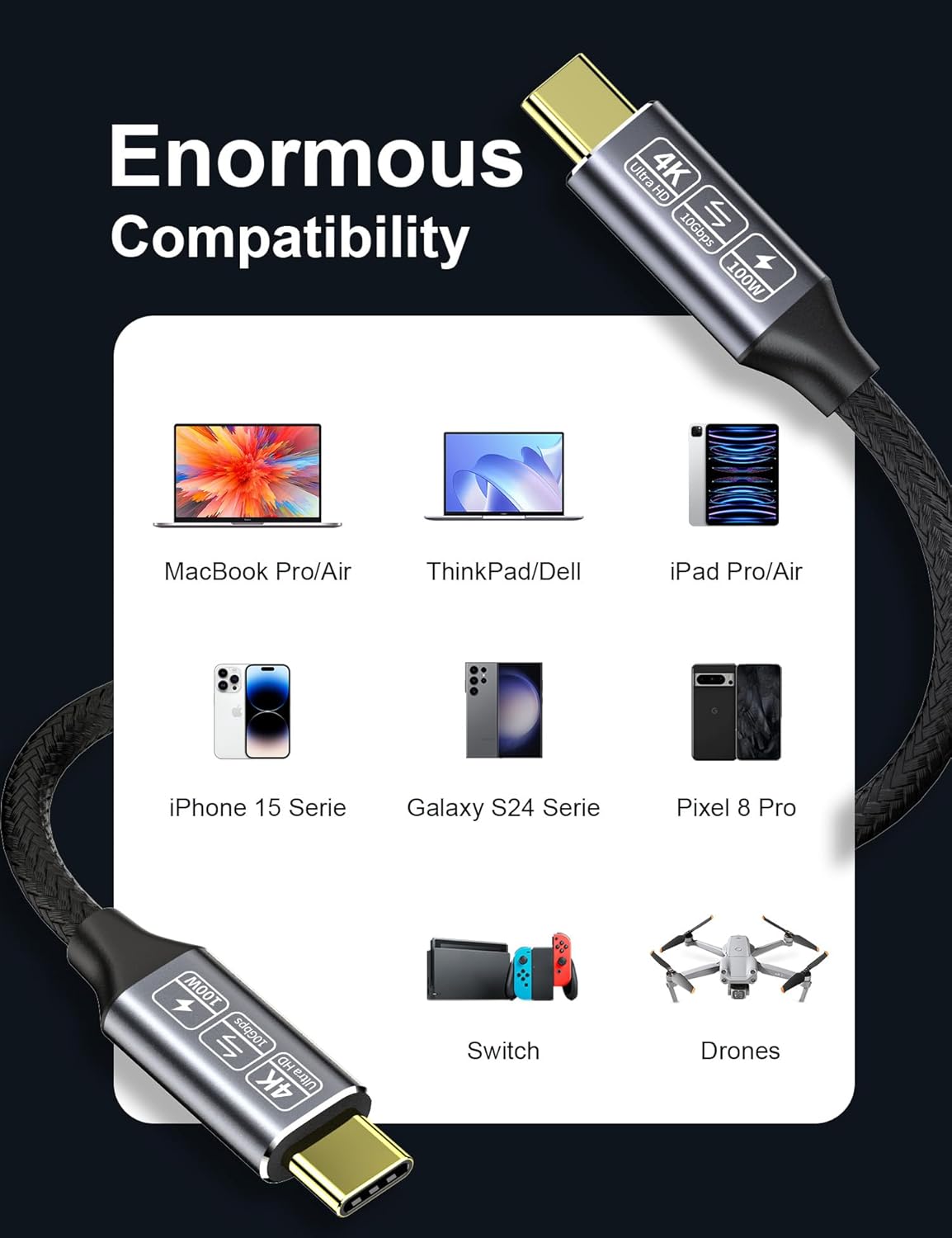 Thumbnail 6 de CAKOBLE USB-C to USB-C 3.1 Gen2 Cable: 10Gbps Data, 100W PD, 4K Output (3.3ft)