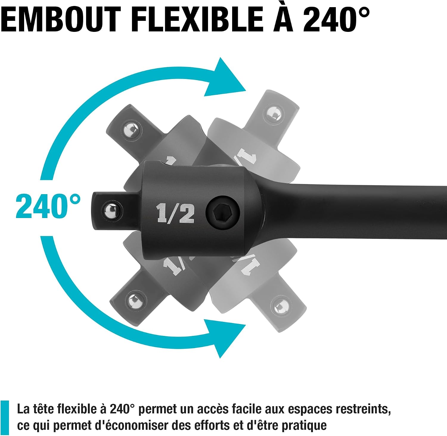 Detalle de DURATECH Clé à Cliquet Articulée 1/2" – Barre de force 600 mm, tête flexible 240°, 780 Nm