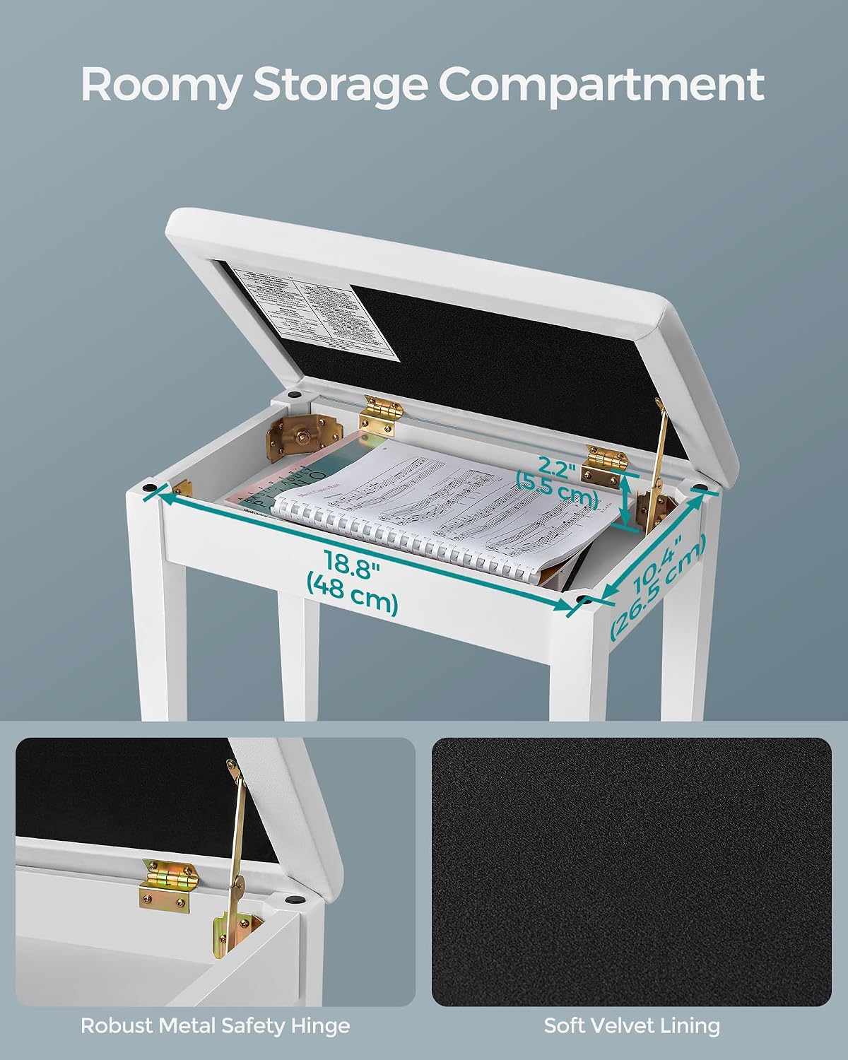 Detalle 2 de SONGMICS ULPB55WT Wooden Piano Bench with Padded Seat and Storage, White