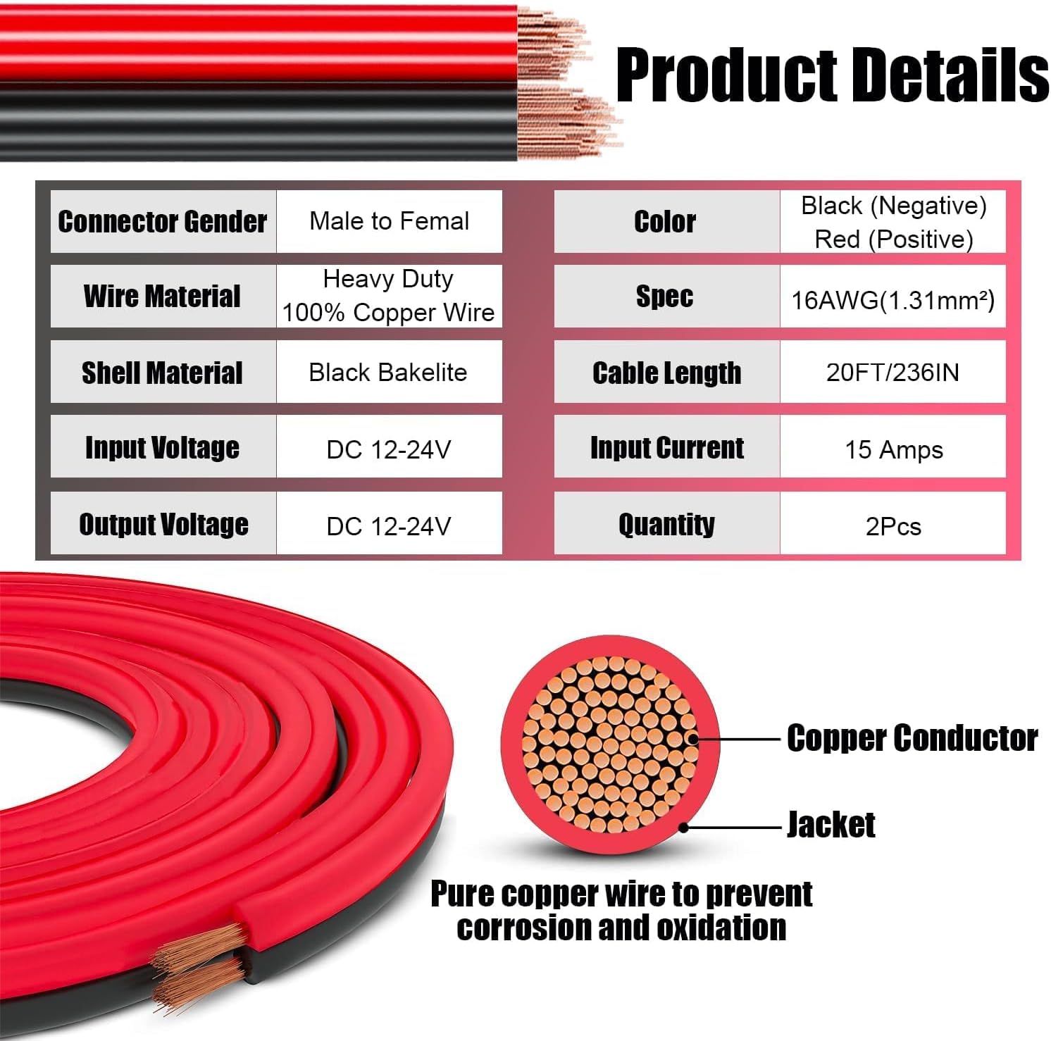 Thumbnail 2 de 12V/24V 16AWG Heavy Duty Cigarette Lighter Extension Cable – 20ft with LED and Built-in 20A Fuse