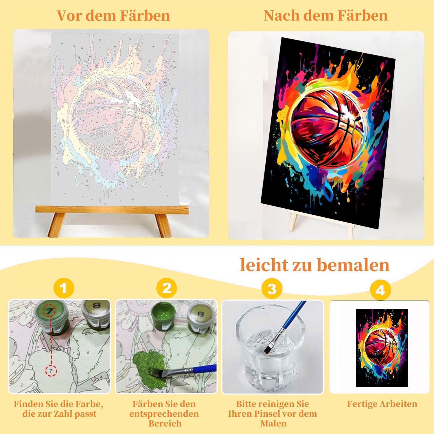 Thumbnail 3 de Arttoplus Malen Nach Zahlen Kinder mit Rahmen und Holzstaffelei – Basketball, 20x20 cm Rasterbild für Anfänger ab 5 Jahren