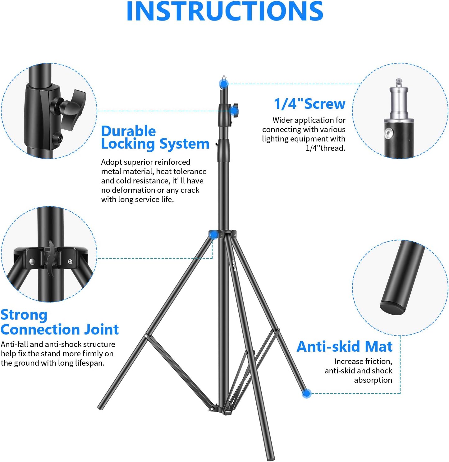 Thumbnail 2 de NEEWER Hochleistungs-Lichtstativ (3 m) mit Federdämpfung, Metall, verstellbar bis 8 kg – 1/4"-Schraubanschluss, schwarz