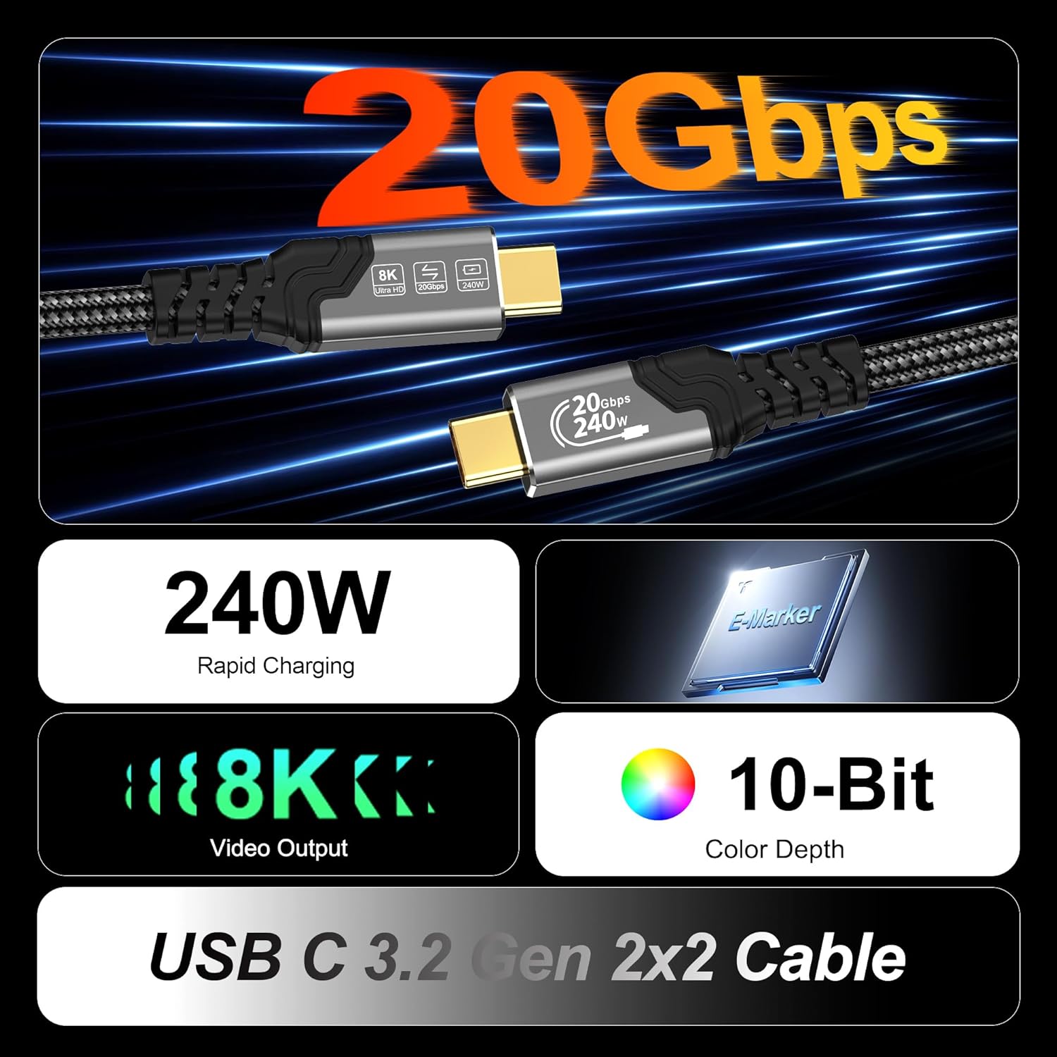 Thumbnail 1 de ZIKNYDO USB-C cable 2m 20Gbps