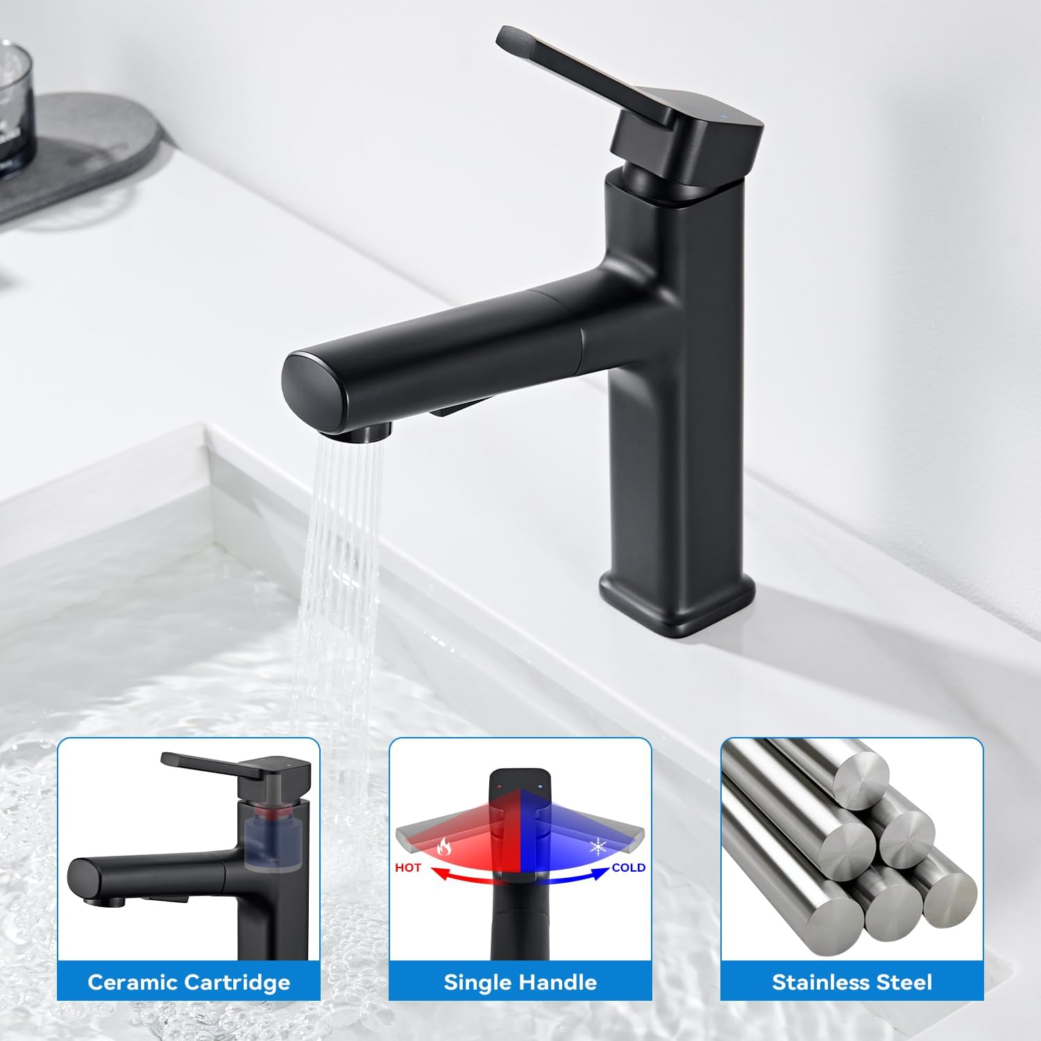 Thumbnail 2 de HanCrobiyx Robinet de salle de bain noir mat avec douchette extractible et mitigeur