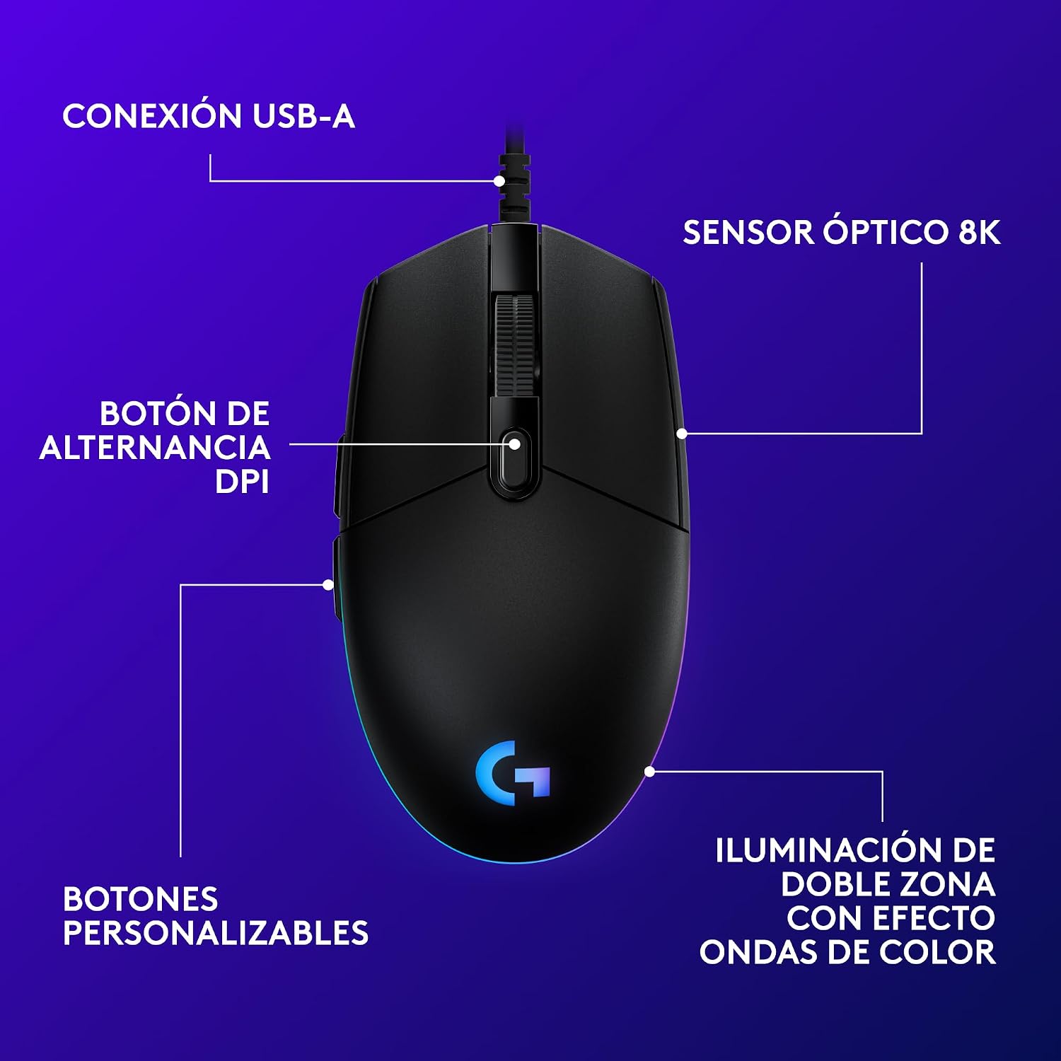 Detalle 2 de Logitech G203 LIGHTSYNC Ratón Gaming USB RGB, 8K DPI