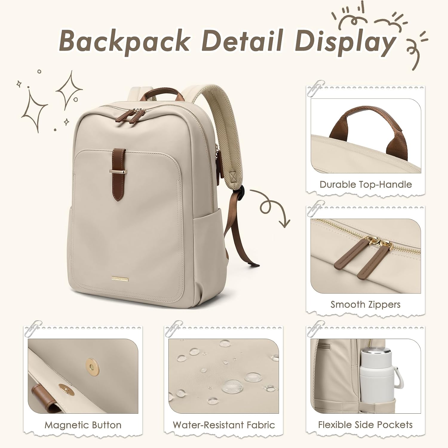 Detalle 2 de GOLF QUALITY Laptop Backpack for Women – 15.6" Apricot, Modern, 18L