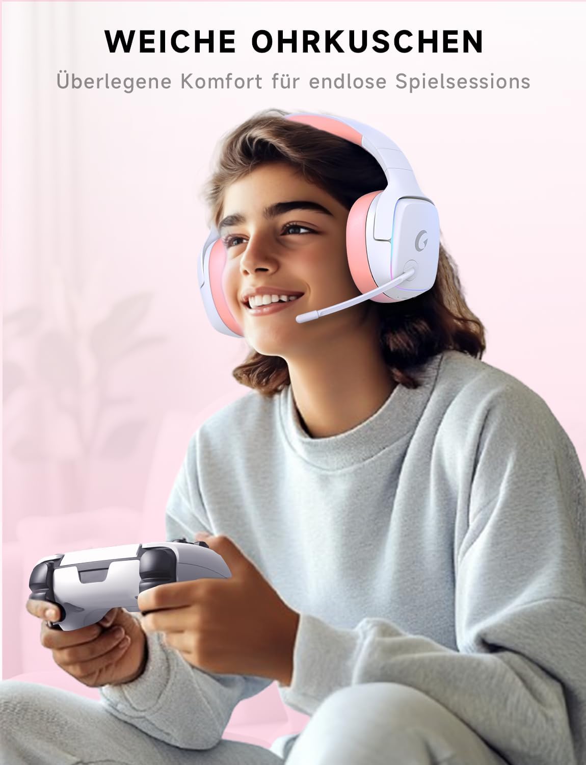 Detalle 2 de Gvyugke Kabelloses Gaming Headset – Rosa, 7.1 Surround, 70 Std. Akku, 2,4 GHz/Bluetooth 5.3, 3,5 mm, PS5/PS4/PC/Switch/Mac